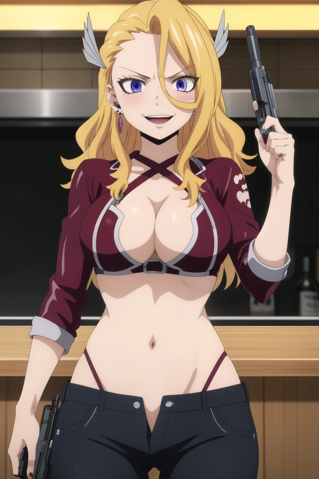 best quality, anime screencap, 1girl, solo, long hair, solo, breasts, purple eyes, blonde hair, kiria_cornsnell, , ear piercing, long hair, blush, lipstick,Hot girl, baddie, smoking, sensual, attractive ,bar
background, inside bar,indoors, cityscape, casino, nightclub, city lights, masterpiece, best quality, highly detailed, a girls with a gun, evil smile , open mouth, sexy gaze, badass
pose , evil smile, smile, guns blazing, anime girl with long hair, beautiful long
haired girl, navel, evil expression, exposed belly, exposed navel, exposed midriff, exposed lower belly,
long black pants, crop top, cleavage, unbuttoned leather pants ,open fly, low rise black leather pants,
leather jacket, holding a gun, holding pistol, , criss-cross halter , dragon tattoo, narrowed eyes, tattoo midriff,, dual wielding ,