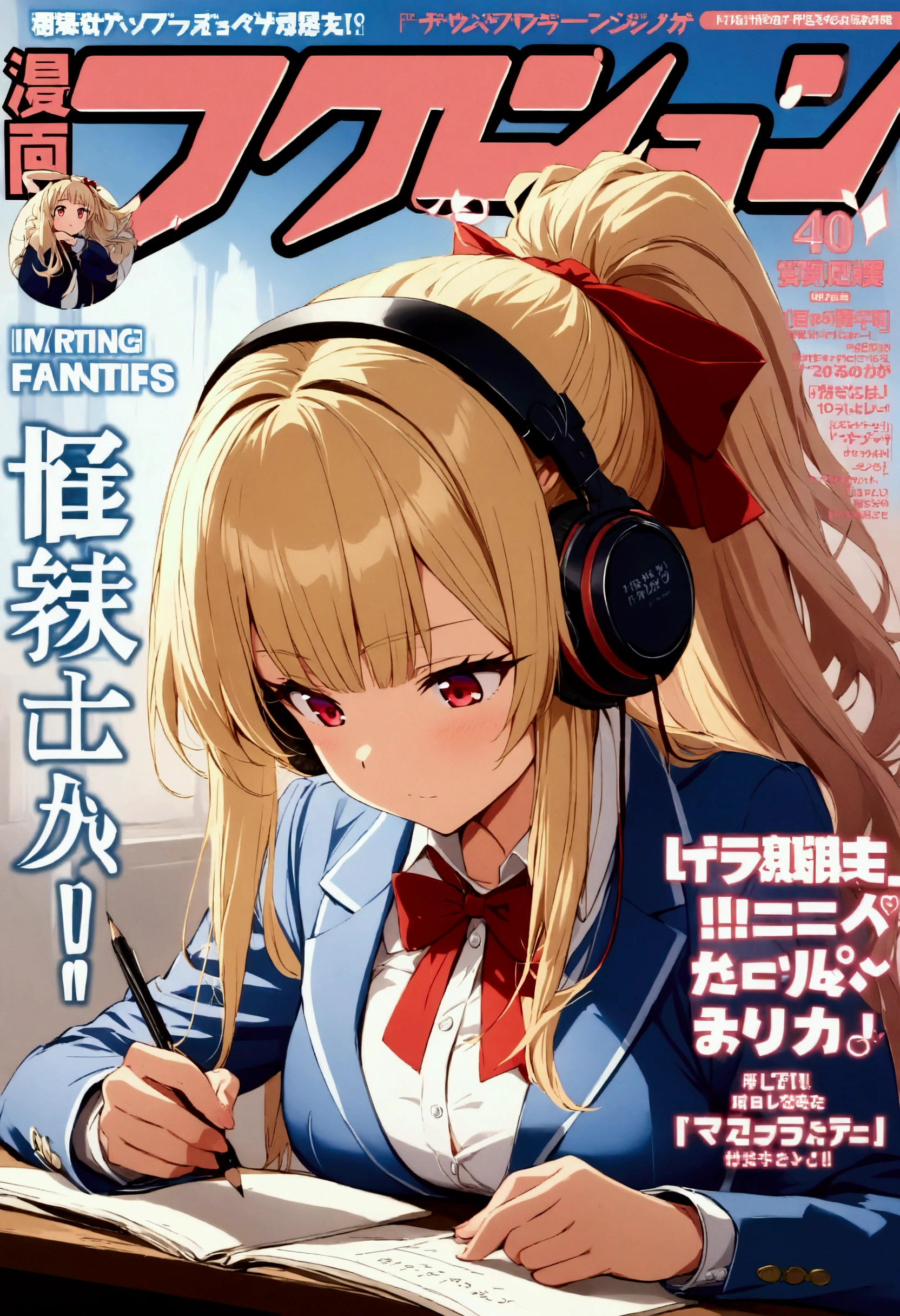 (masterpiece),(absurdres),(ultra detailed),(anime:1.4),(Magazine cover,cover,),(Headphones),( solo girl ),(20-year-old),(blonde hair:1.0),(shiny red eyes:1.1),(highponytail:0.9),(a little red ribbon;1.0),(long hair:0.8),(big breast:0.8),(()),(fantasy blue blazer), Force,I'm writing a letter with a pencil,looking down:1.2,day light room,(()),Fran