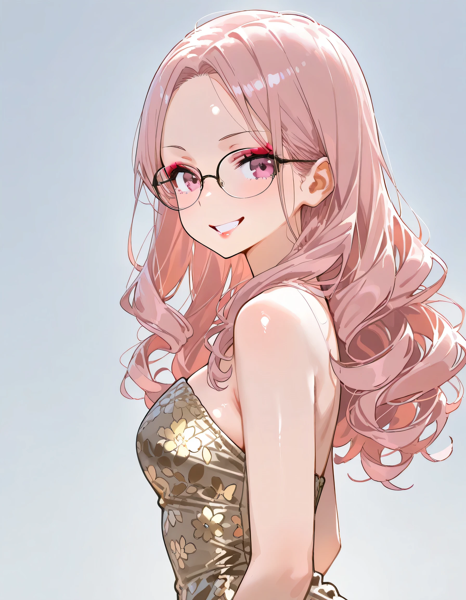 sideview,looking at viewer,Alone,( sexy model pose ),makeup:0.6,glasses,natural cosmetic, pink curly shoulder length hair,forehead,Russian,gold cyberpank classic pattern dress,grin.cheek,Beautiful adult female face,shiny skin,