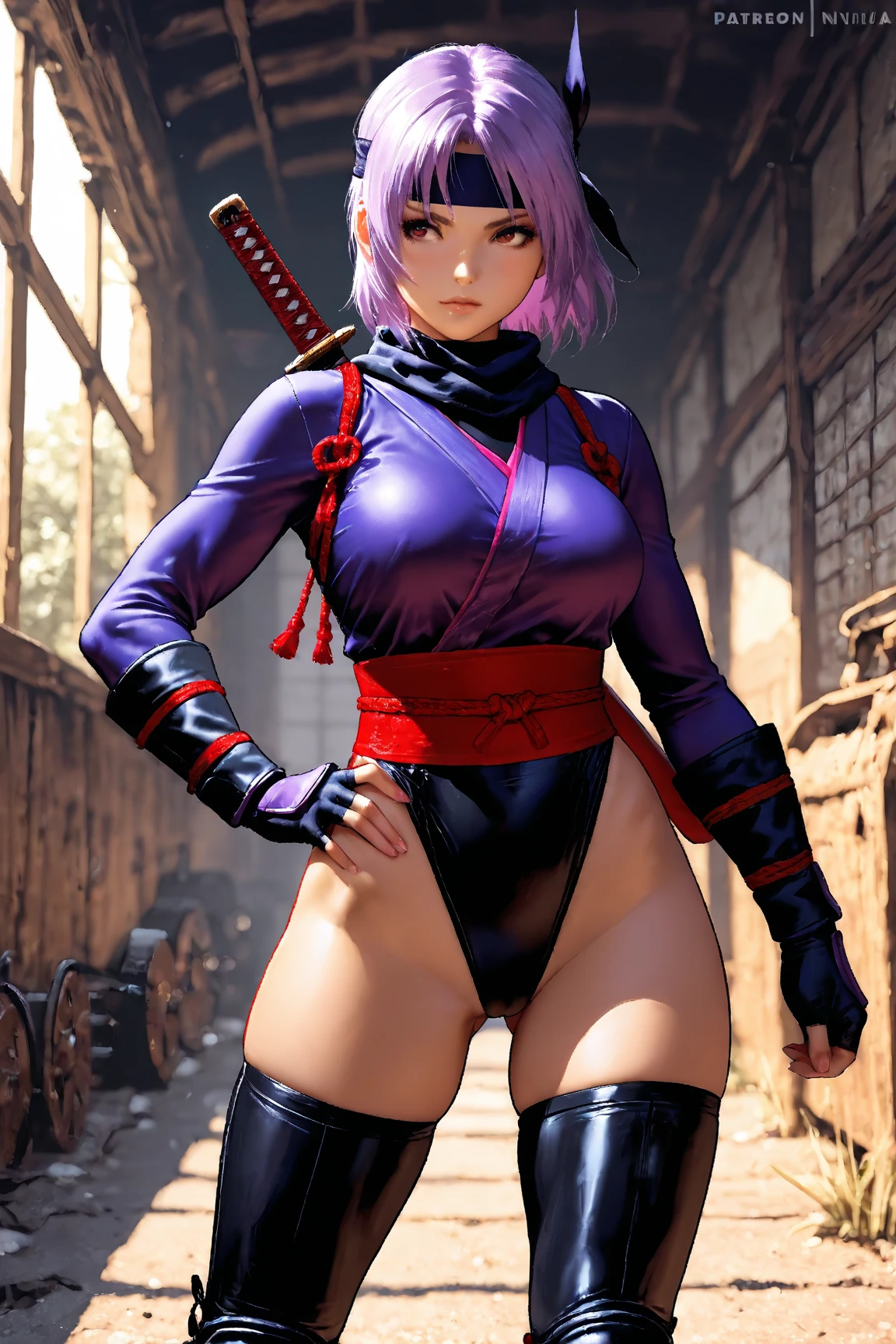 Highest quality,Ultra HD,Best AI Images, Full body photo,(beautiful face like a Japanese actress), ((Purple Hair)),Very detailed vfx portrait of, Female Ninja, Japanese kunoichi, cgsociety and Zhong Feng Hua, Covert behavior, Female Ninja, ((Scene of fighting with shurikens)),Scene of throwing shurikens 1.3,Portrait of a Japan woman, , Trending on deviantart, ((blue short ninja costume 1.5)),((sexy kunoichi,Big Breasts)), Japanese spy, 3D Rendering, (Beautiful Face 1.5), Key Visual, Vibrant, (((background 1 of a night mansion in the Sengoku period.5))), Very detailed, growing up,