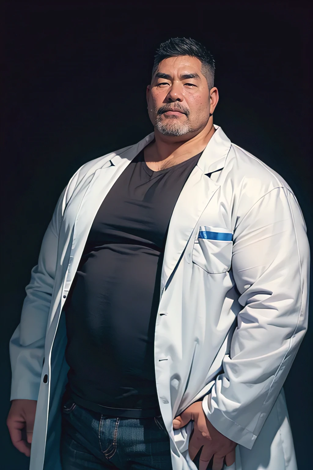 highest quality,masterpiece,1man,Doctor,fat japanese uncle,55year old middle-aged man,black under cut hair,((Long-sleeved Lab coat)),blue jeans,Thick eyebrows,short black beard,(very muscular),dark skin,Wrinkle-free face,(white background), Surrealism, Panorama, 8k,detail hands,upper body portrait,Slightly fleshy face,looking at viewer,small eyes,single eyelid,black tank top