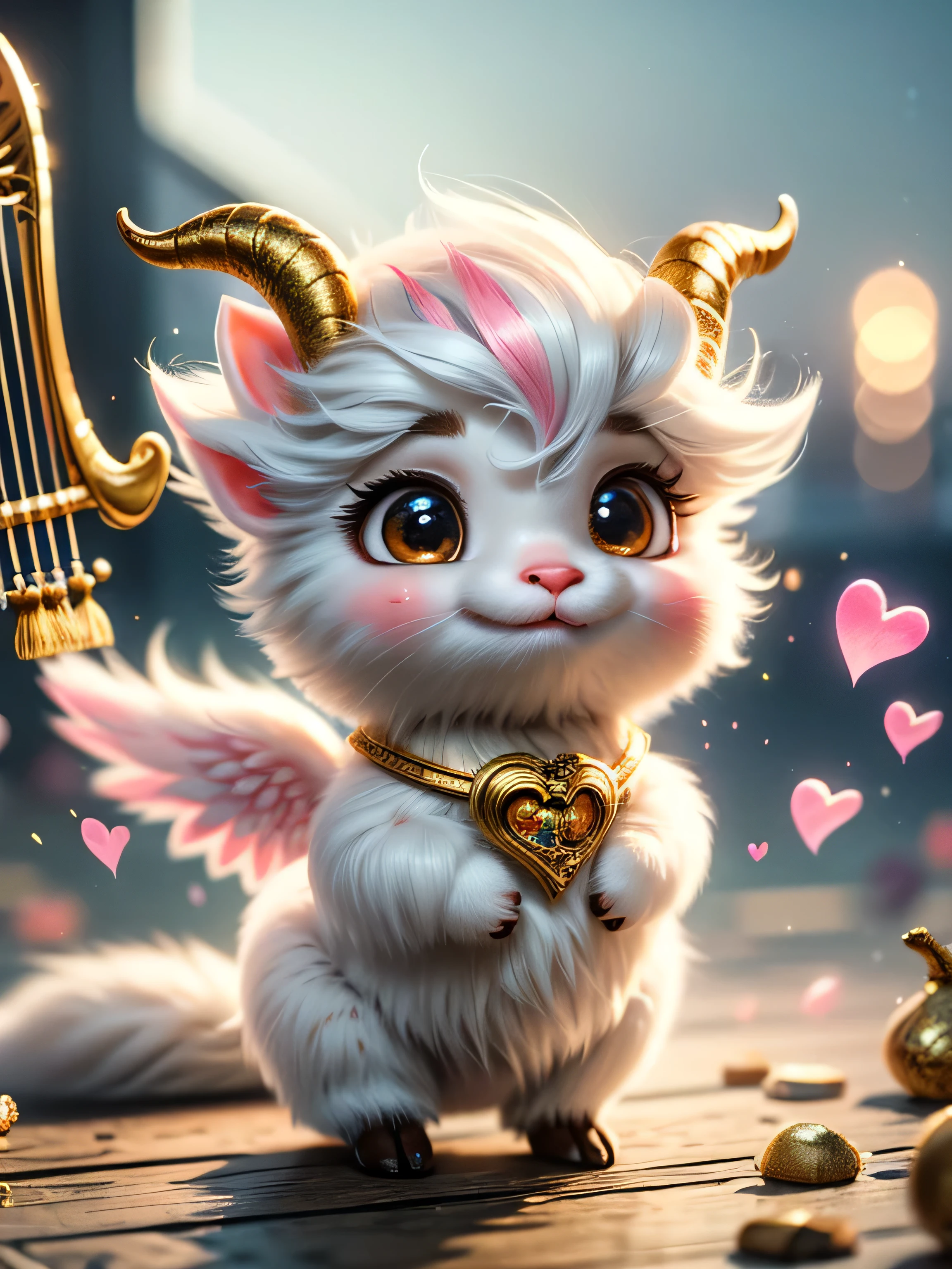 Realistic airbrush, An agathion with a cute, chibi-like appearance. This agathion should have sheep-like horns, a white fluffy head, and pink wings. In his hands, he holds a clenched harp with a heart on it, and golden sparkles shine around him, emphasizing his magical and rare nature. The background should be fantastical and magical, in the sky it says, So Cute!Octane Rendering,Grain,Noise,Concept Art,Detailed Painting,Digital Illustration,Super Detailed Fantasy Art, Digital 3D Art, Sharp Focus, Masterpiece, Fine Art
