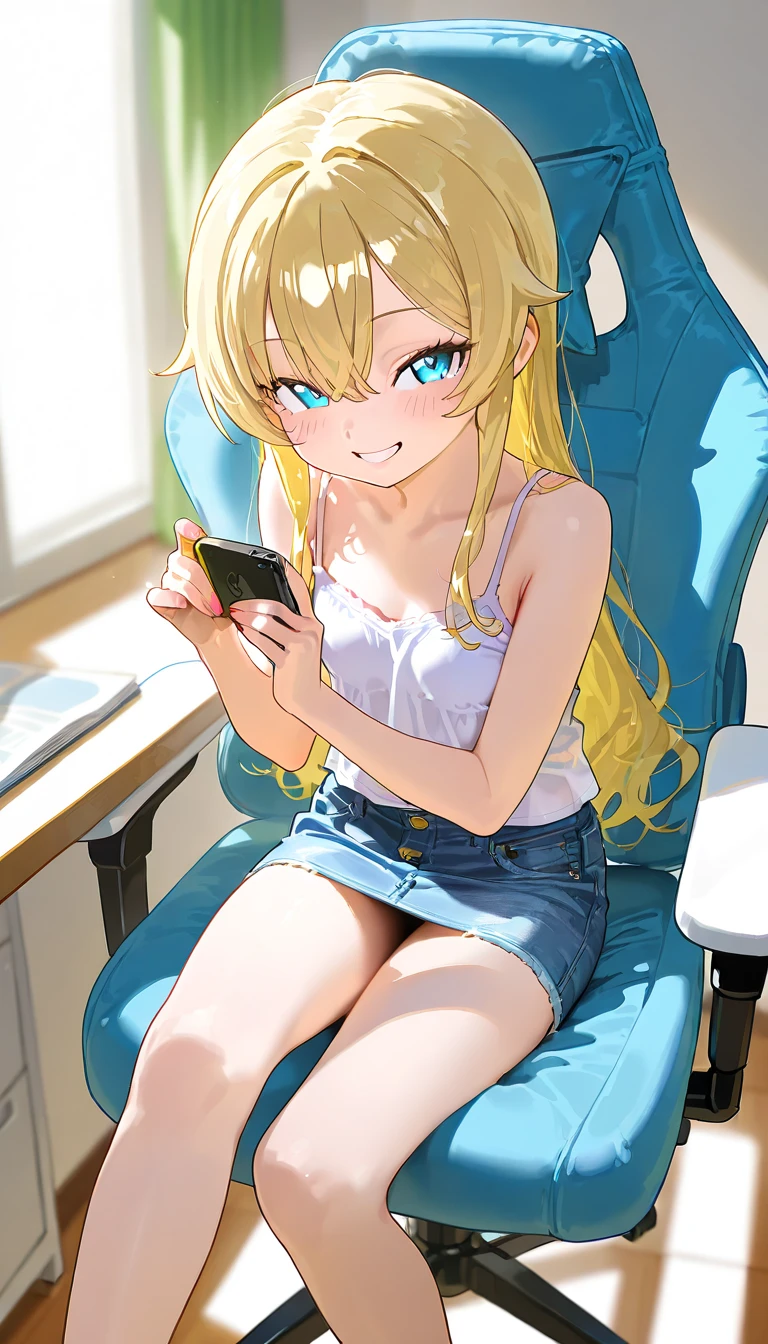 Super creator work, sketch style, pencil drawing, thin and pale outlines,1girl,blonde,((Roll curl long twin tail)) hair,X-shaped hairpin,smile,frilly sleeveless clothes,denim shorts,sit on box,