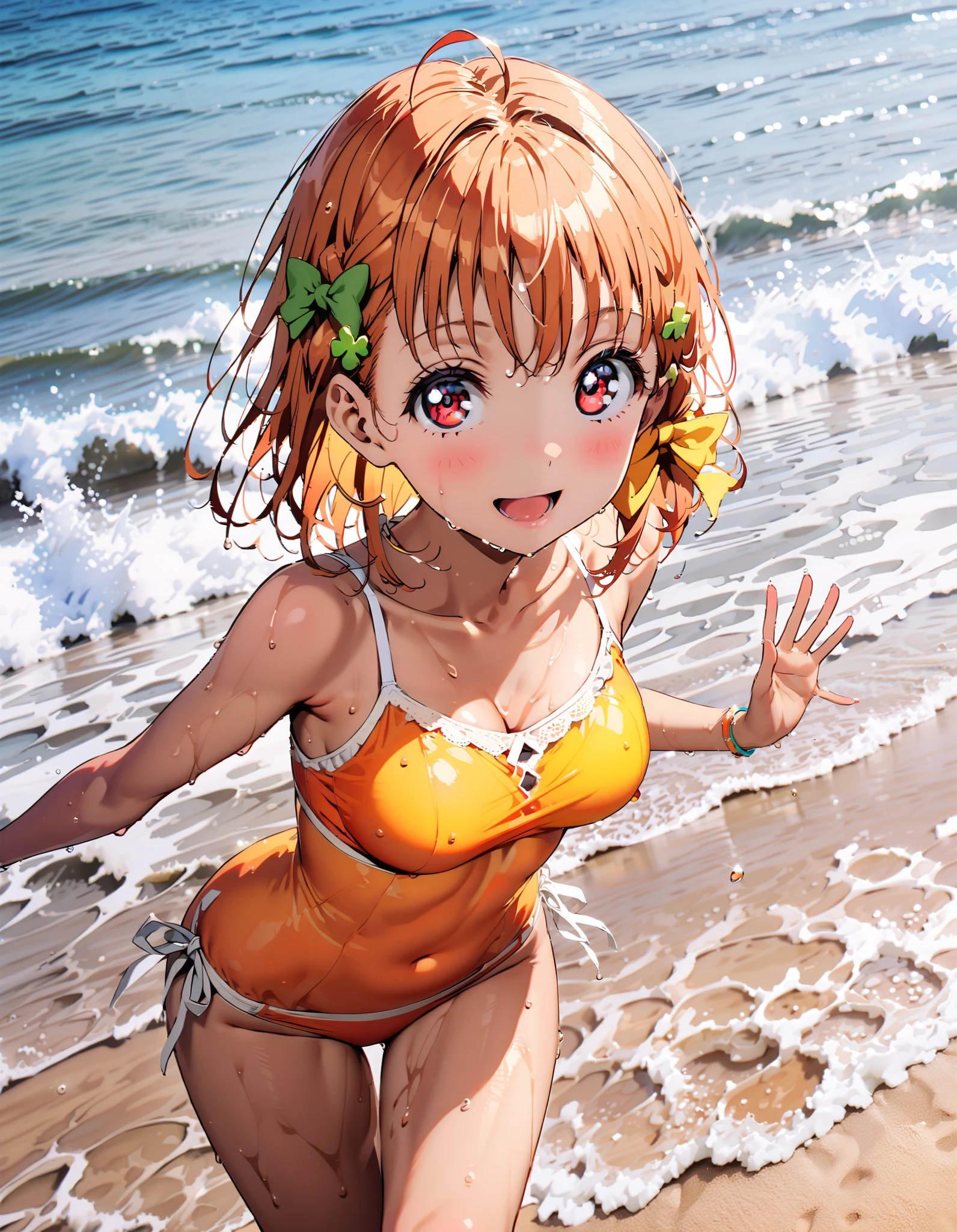 Takami Chika, Alone, short hair, Hair Ornament, red eyes , bow, braided, stupid hair, hair bow, orange hair, side single braided, yellow bow, clover Hair Ornament, orange string bikini swimsuit,Medium breast,Bare legs, tan, brown skin,smile,blush, open your mouth, are standing, wet skin, wet swimsuit , wet hair,whole bodyがイラストに入るように, break outdoors, beach,
break looking at viewer,whole body,
break ( Masterpiece:1.2), highest quality , kampala, Unity 8k Wallpaper,(shape:0.8),( fine, beautiful eyes :1.6),It's a person ,whole body写真,CG Details , ( perfect hands, Complete Anatomy),