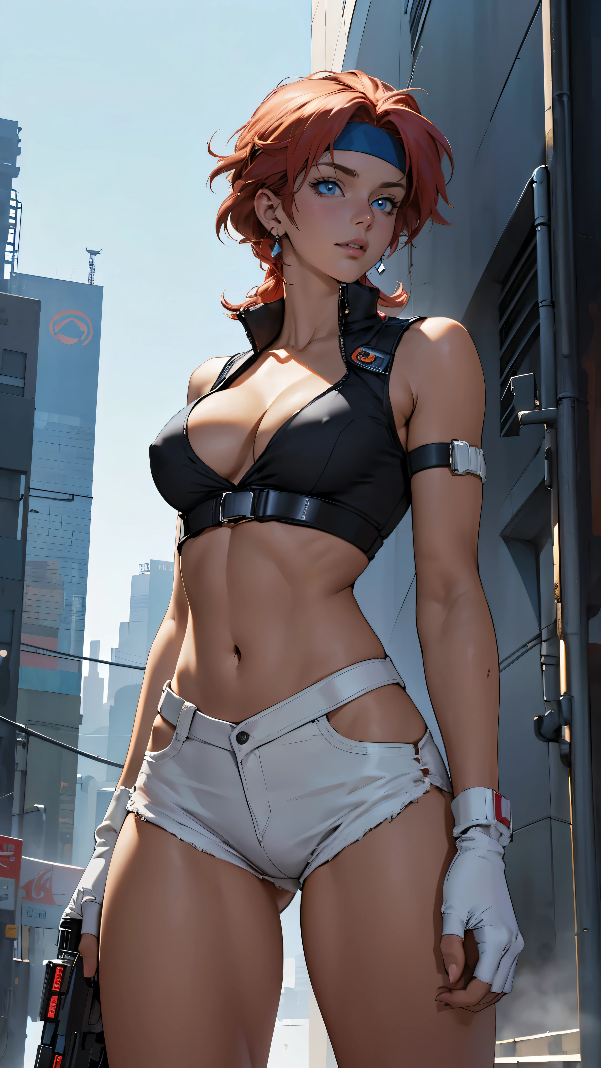 ((Masterpiece, highest quality; 1.3)), super quality, beautiful detail, super detailed, extra fine, 16K, exquisite, absurd, high resolution, beautiful background, detailed background, beautiful eyes, beautiful skin, anime style, Kay from Dirty Pair in a white outfit, tight outfit, cleavage, bushy redhead beauty, very light blue uniform, wearing tight clothes, skimpy, (mid chest: 1.2), cleavage, cleavage, slim waist , thin waist, slim thighs, thin legs, slim legs. thigh gap, showing stomach, skinny, thin hips, cyberpunk city background, holding retro space gun , headband, 