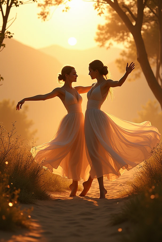Photoshoot of 2 beautiful women dancing in a very green and beautiful forest valley.