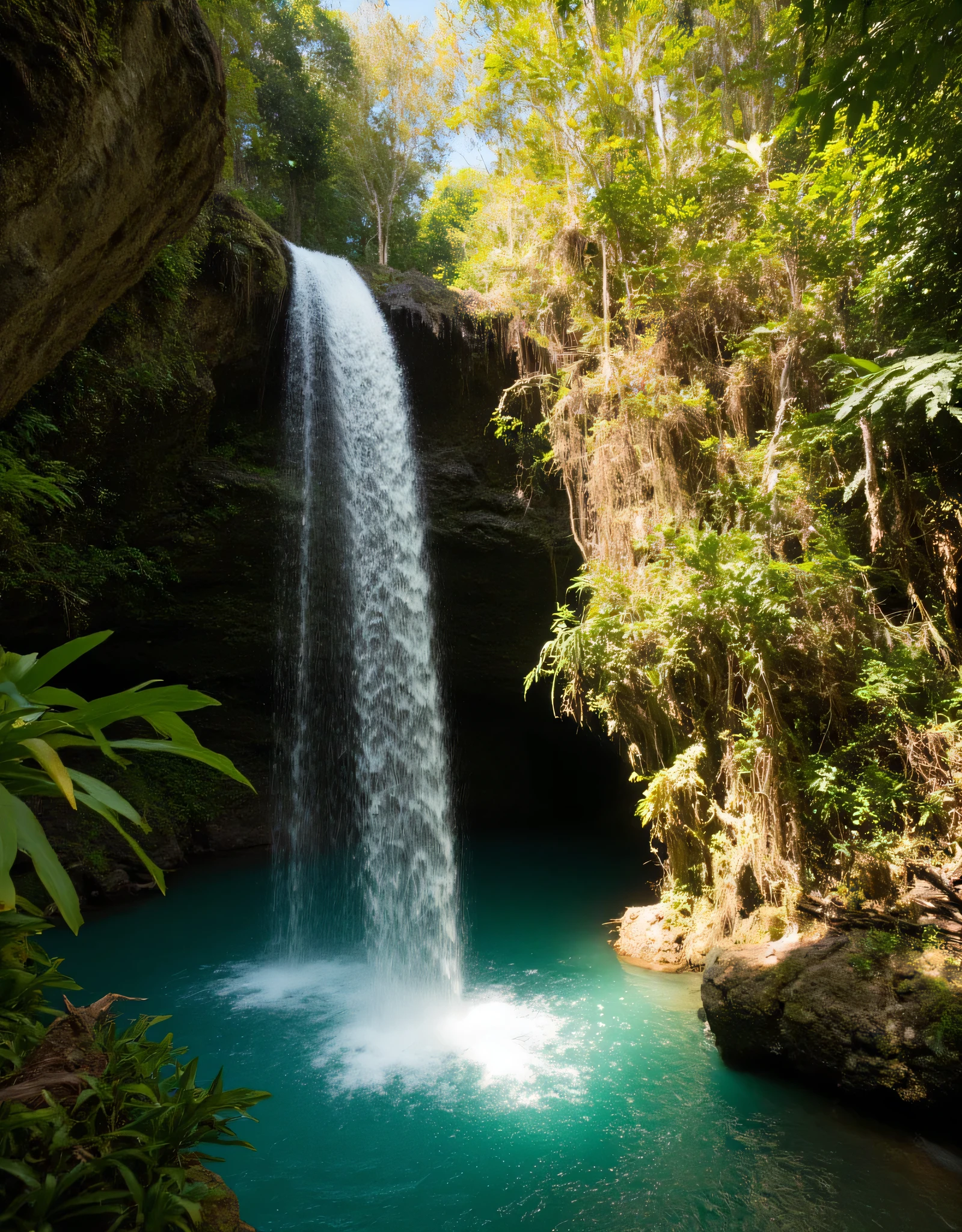**Prompt:** Imagine stepping into a serene hyperrealistic world where tropical rain nature’s beauty takes center stage scenery. Describe the breathtaking scene of a majestic waterfall cascading gracefully into a crystal-clear deep forest pool, surrounded by lush greenery and vibrant flora. Explore the diverse artistic interpretations of this landscape, from hyper-realistic details capturing the texture of the rocks and water droplets to the stunning elegance found in National Geographic photography. Focus on the interplay of light and shadow as golden sunlight filters through the flora canopy, creating a mesmerizing array of colors. Convey the depth of this image using the best photography composition techniques, emphasizing the concept of mixed lighting and ultra-high-definition clarity that allows every element of the scene to come alive. Invite your readers to immerse themselves in this captivating visual experience.