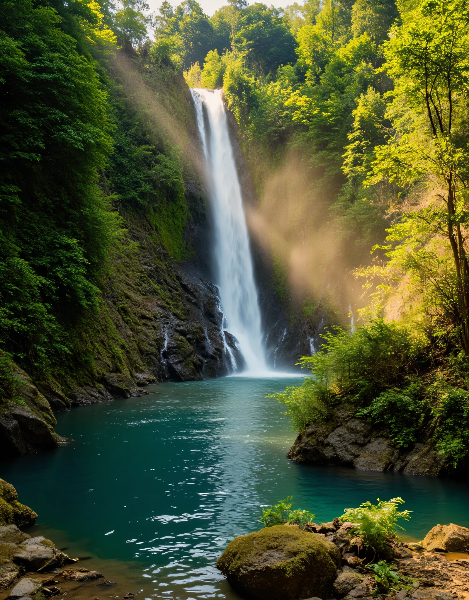 **Prompt:**     Imagine stepping into a serene hyperrealistic world where tropical rain nature’s beauty takes center stage scenery. Describe the breathtaking scene of a majestic waterfall cascading gracefully into a crystal-clear deep forest pool, surrounded by lush greenery and vibrant flora. Explore the diverse artistic interpretations of this landscape, from hyper-realistic details capturing the texture of the rocks and water droplets to the stunning elegance found in National Geographic photography. Focus on the interplay of light and shadow as golden sunlight filters through the flora canopy, creating a mesmerizing array of colors. Convey the depth of this image using the best photography composition techniques, emphasizing the concept of mixed lighting and ultra-high-definition clarity that allows every element of the scene to come alive. Invite your readers to immerse themselves in this captivating visual experience.