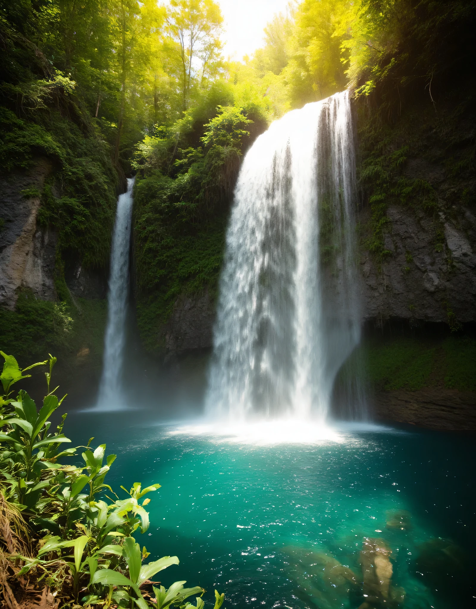 **Prompt:**     Imagine stepping into a serene hyperrealistic world where tropical rain nature’s beauty takes center stage scenery. Describe the breathtaking scene of a majestic waterfall cascading gracefully into a crystal-clear deep forest pool, surrounded by lush greenery and vibrant flora. Explore the diverse artistic interpretations of this landscape, from hyper-realistic details capturing the texture of the rocks and water droplets to the stunning elegance found in National Geographic photography. Focus on the interplay of light and shadow as golden sunlight filters through the flora canopy, creating a mesmerizing array of colors. Convey the depth of this image using the best photography composition techniques, emphasizing the concept of mixed lighting and ultra-high-definition clarity that allows every element of the scene to come alive. Invite your readers to immerse themselves in this captivating visual experience.