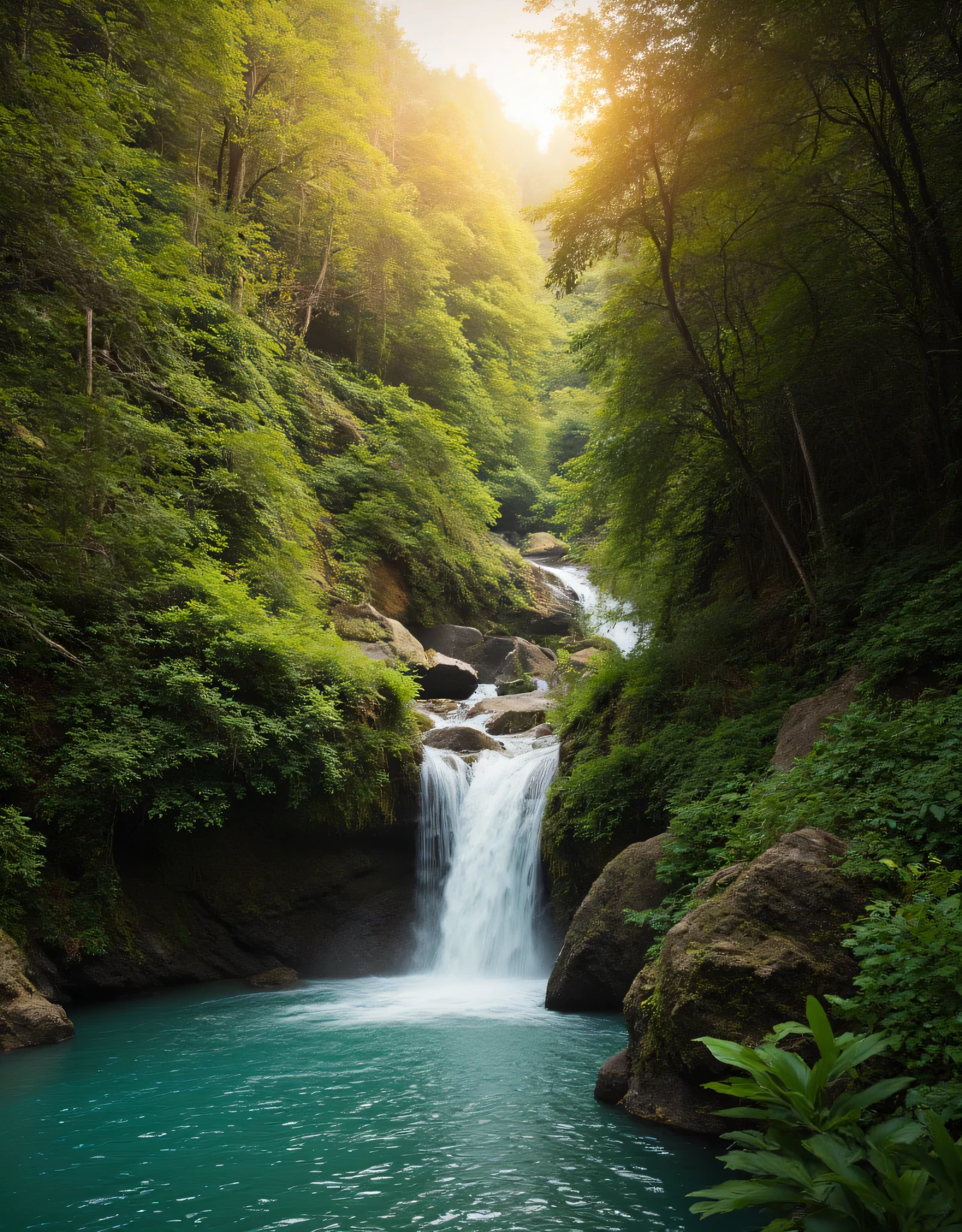 **Prompt:**     Imagine stepping into a serene hyperrealistic world where tropical rain nature’s beauty takes center stage scenery. Describe the breathtaking scene of a majestic waterfall cascading gracefully into a crystal-clear deep forest pool, surrounded by lush greenery and vibrant flora. Explore the diverse artistic interpretations of this landscape, from hyper-realistic details capturing the texture of the rocks and water droplets to the stunning elegance found in National Geographic photography. Focus on the interplay of light and shadow as golden sunlight filters through the flora canopy, creating a mesmerizing array of colors. Convey the depth of this image using the best photography composition techniques, emphasizing the concept of mixed lighting and ultra-high-definition clarity that allows every element of the scene to come alive. Invite your readers to immerse themselves in this captivating visual experience.