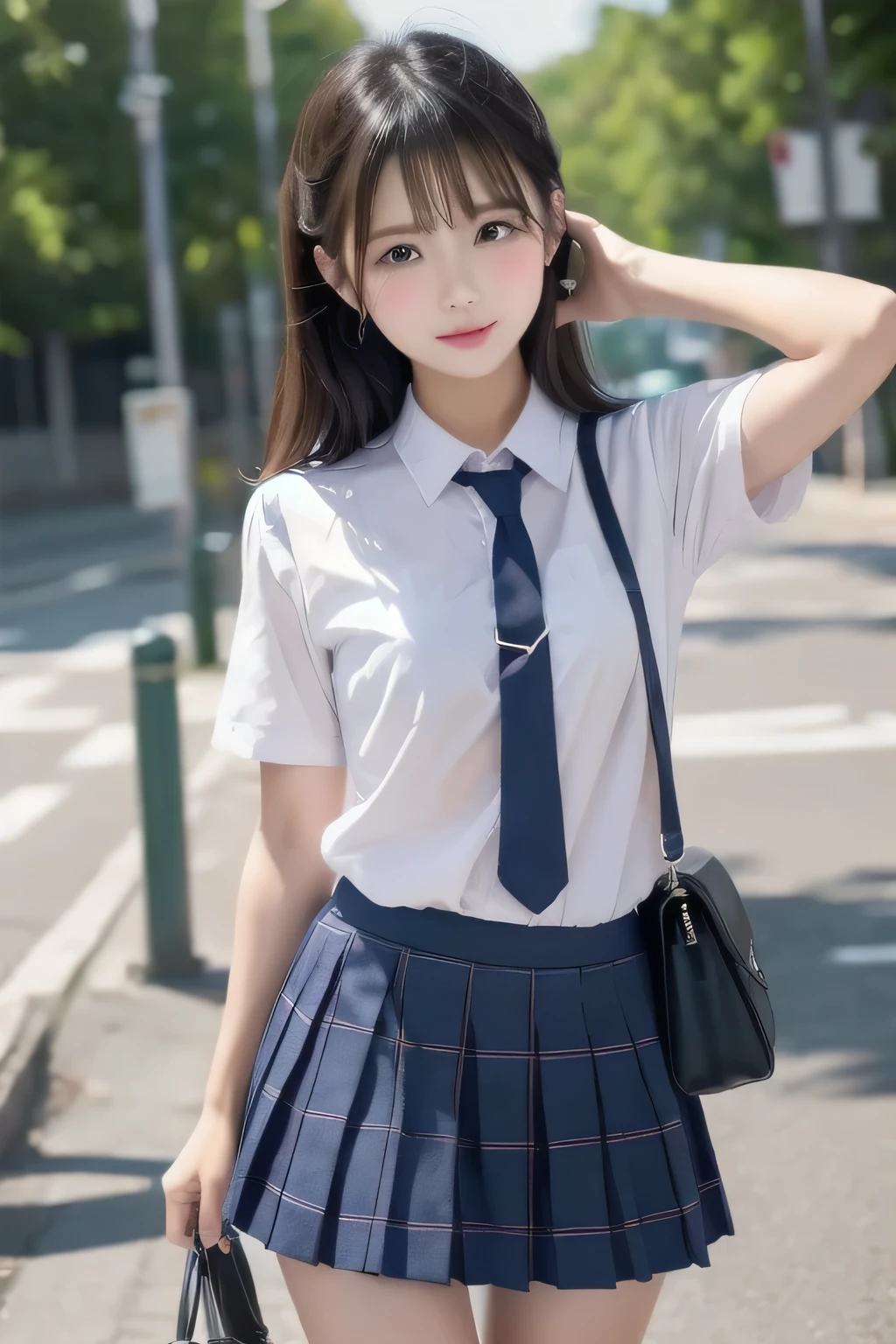 Multiple girl, realistic, extremely detailed, 8k, trending on ArtStation, Intricate, High Detail, Sharp focus, cute high school girl, beautiful, standing, indohighschool uniform, black wavy hair, school hallway, cute, photorealistic, full body, detailed, high quality, using panties, using white panties, visible panties