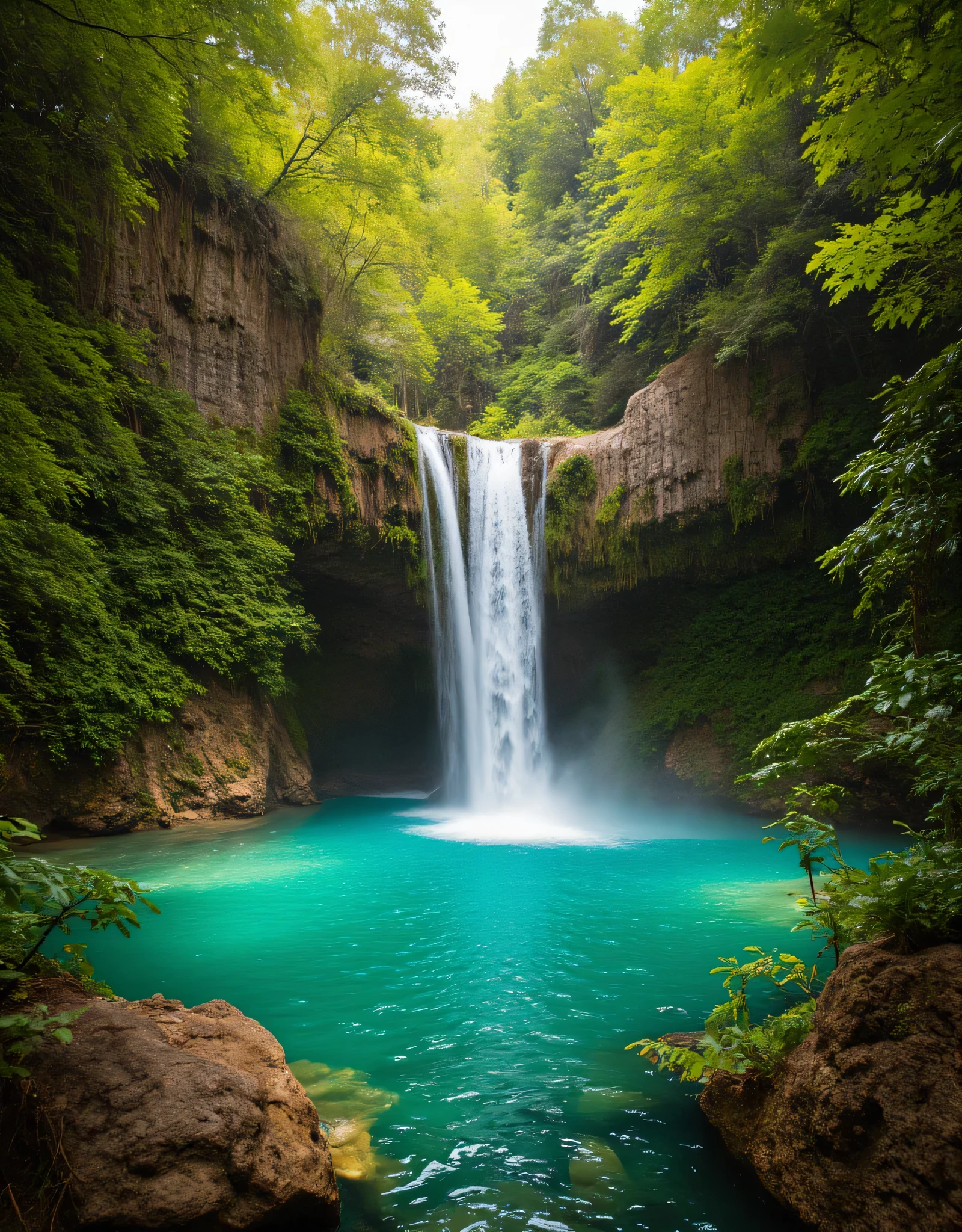 **Prompt:** Imagine stepping into a serene hyperrealistic world where tropical rain nature’s beauty takes center stage scenery. Describe the breathtaking scene of a majestic waterfall cascading gracefully into a crystal-clear deep forest pool, surrounded by lush greenery and vibrant flora. Explore the diverse artistic interpretations of this landscape, from hyper-realistic details capturing the texture of the rocks and water droplets to the stunning elegance found in National Geographic photography. Focus on the interplay of light and shadow as golden sunlight filters through the flora canopy, creating a mesmerizing array of colors. Convey the depth of this image using the best photography composition techniques, emphasizing the concept of mixed lighting and ultra-high-definition clarity that allows every element of the scene to come alive. Invite your readers to immerse themselves in this captivating visual experience.