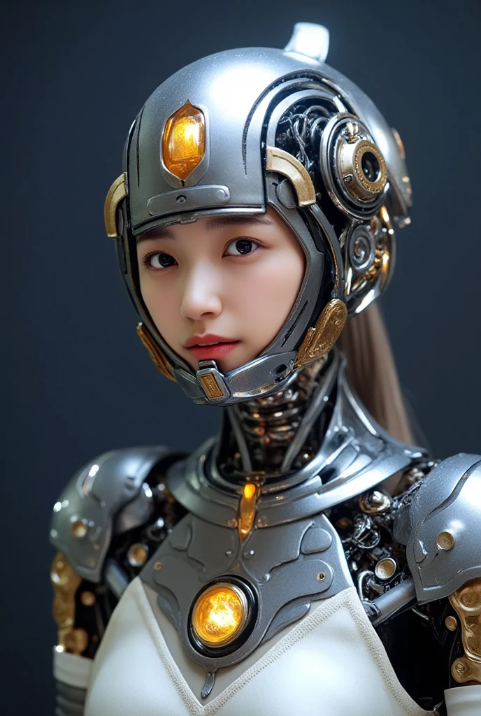 Intricate 3d rendering of highly detailed beautiful ceramic silhouette female robot face, robot, robot part, 150 mm, beautiful studio soft light, rim light, vibrant details, luxurious cyberpunk, lace, surreal, anatomy, facial muscles, cables wires, microchip, elegant, beautiful background, octane rendering, HR Giger style, 8k, best quality, masterpiece, illustration, very delicate and beautiful, very detailed, CG, unity, wallpaper , (fidelity, fidelity: 1.37), amazing, fine detail, masterpiece, best quality, official art, very detailed cg unity 8k wallpaper, absurd, unbelievably absurd, robot, silver helmet, full body