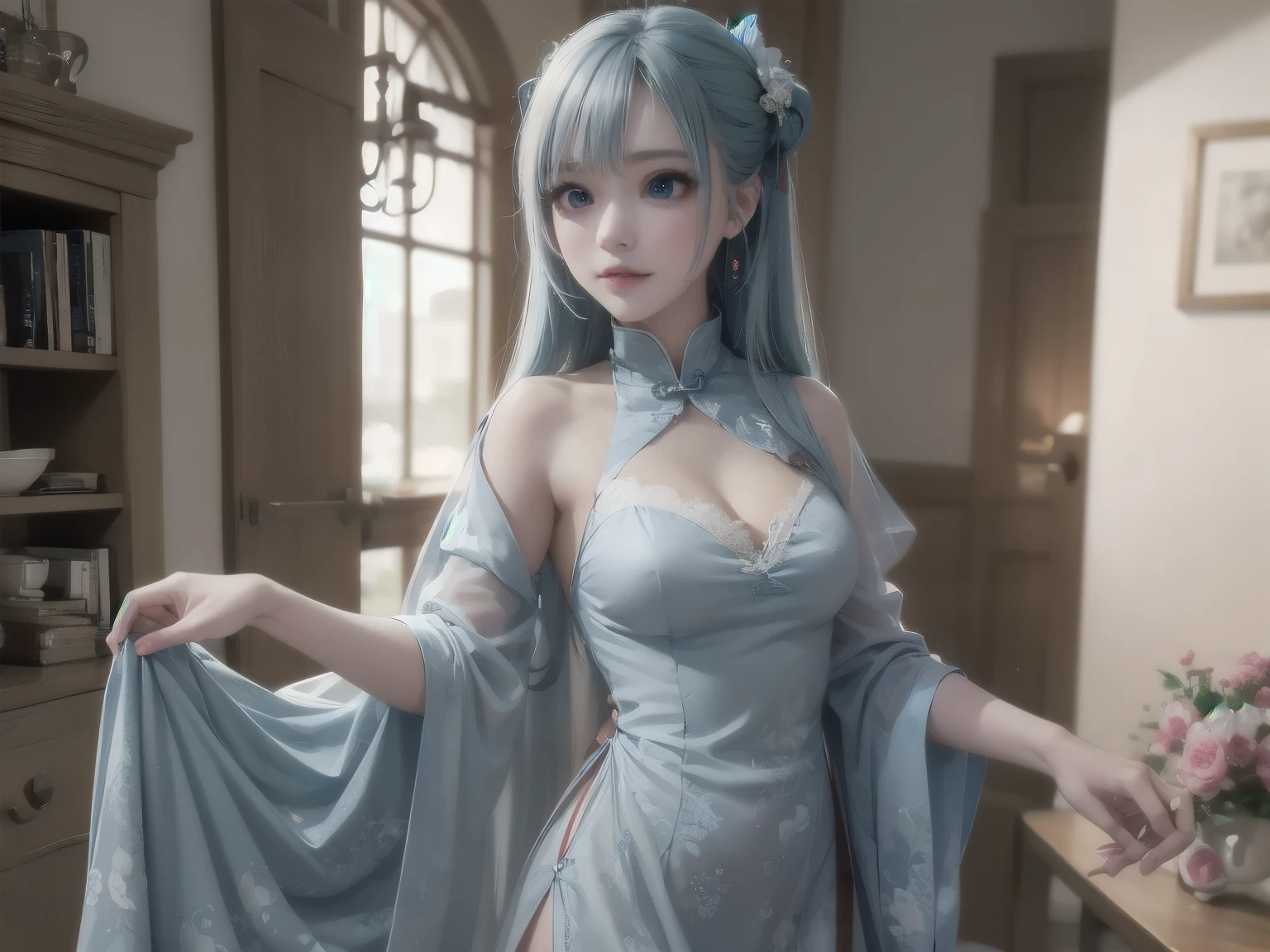 Light blue and green gradient hair, blue eyes, long hair, long white dress, nudity