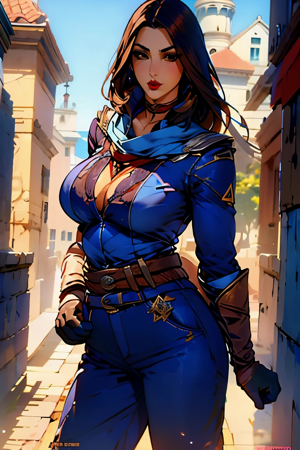 La mujer, botas hasta la rodilla, medias, stockings, (((blue clothes, blue shirt, blue trousers, gloves, neck scarf, belt))), botas altas, ((afternoon, town), muy detallado, Realistic long-term photography, 4k, pelo largo, brown hair, By the chestnut, labios rojos, gargantilla, chocker, sexy,red lips, brown eyes, big breasts, pechos grandes, breasts,Lucia Auditore)))