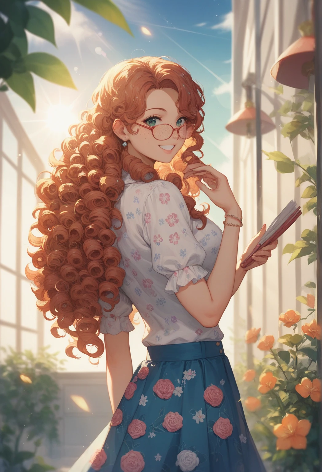 masterpiece portrait of a woman in Montreal at zori, long hair, Cute orange curly hair, Smile , 绿眼睛, freckle, floral print , skirt, zori, rainbow, llight rays, 腐蚀性的, Lens reflections, ((Solitary)), Ismail_rim