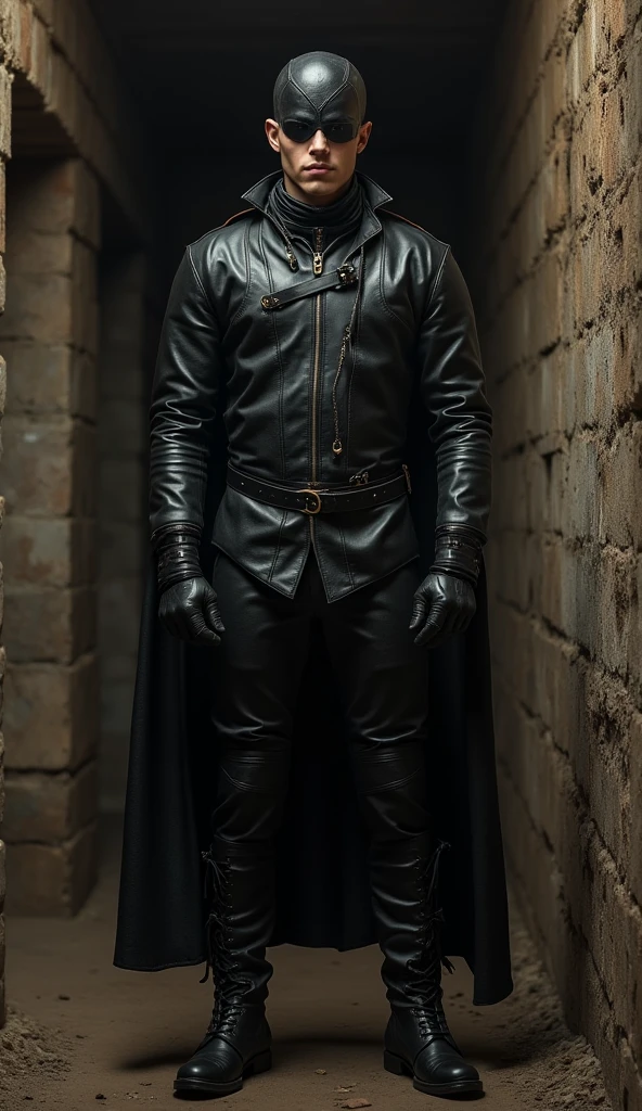 ((Final Fantasy taste reality graphics)), ((young, cute and cool ikemen  boy)),(((1 boy))),,his age is early 20s, thin eyebrows and beady eyes, (((((boy in a black leather sleeping bag))))),(((((sleeping bag is very tight-fitting))))), (((((boy put on black leather and human muzzle mask,all covered from under the nose-to-chin))))),(((((also put on leather blindfold, ))))), (((((mask and blindfold Fixed to the face, with multiple leather belts)))))