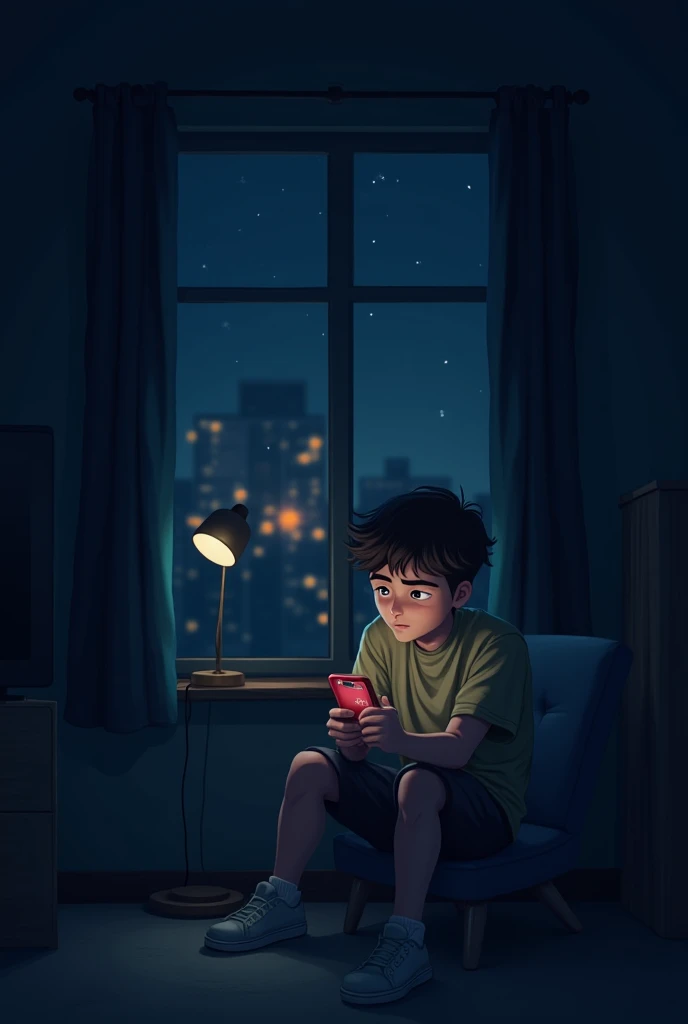 Create a lofi style image of a boy on the bed in the bedroom, under the window using the tablet. Put the setting sun in the window. on the bedroom wall, butterfly drawing. Add orange tones to the environment to express the setting sun. Must be dark skinned with wavy hair parted in the middle Korean style.