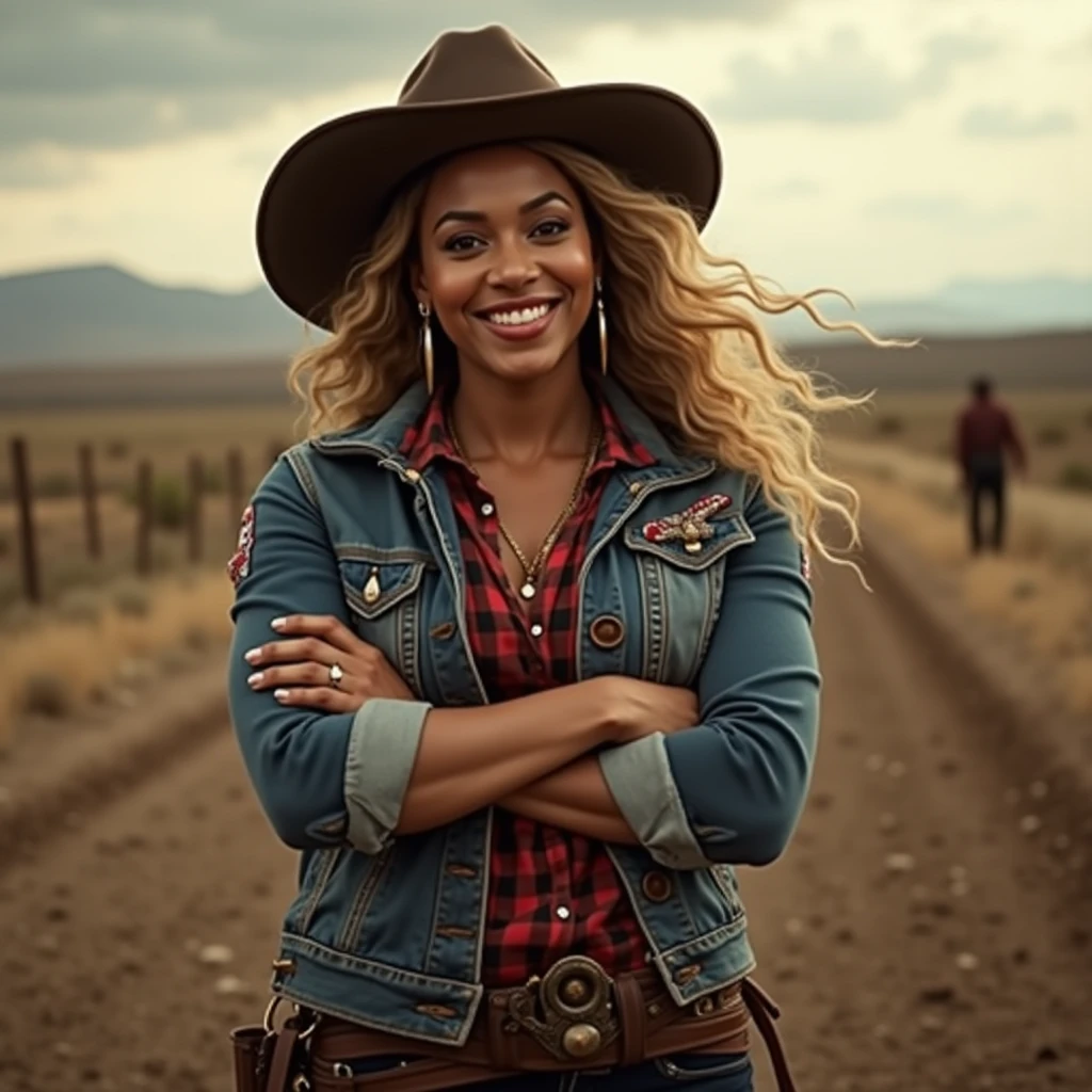 Beyoncé with a cowboy hat, roupas country,holding an ear of corn in his hand imitating singing, and a corn plantation in the background