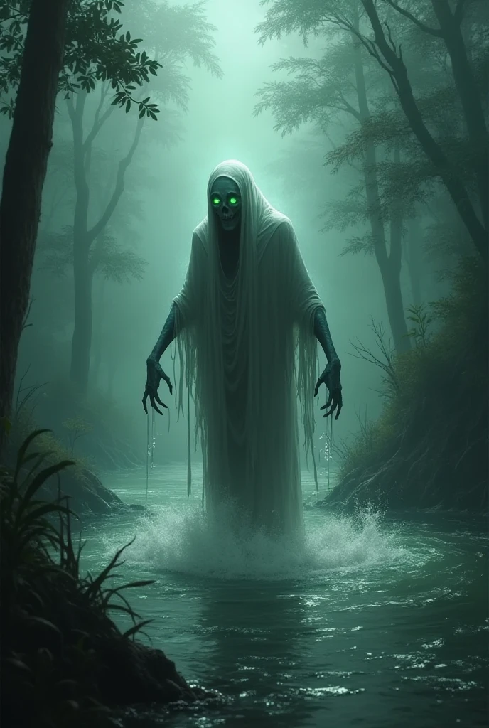 An undead creature with pale green skin, dressed in ancient Chinese garments, leaping through a dark and misty forest. Its arms are outstretched, and its lifeless eyes glow with an eerie blue light.