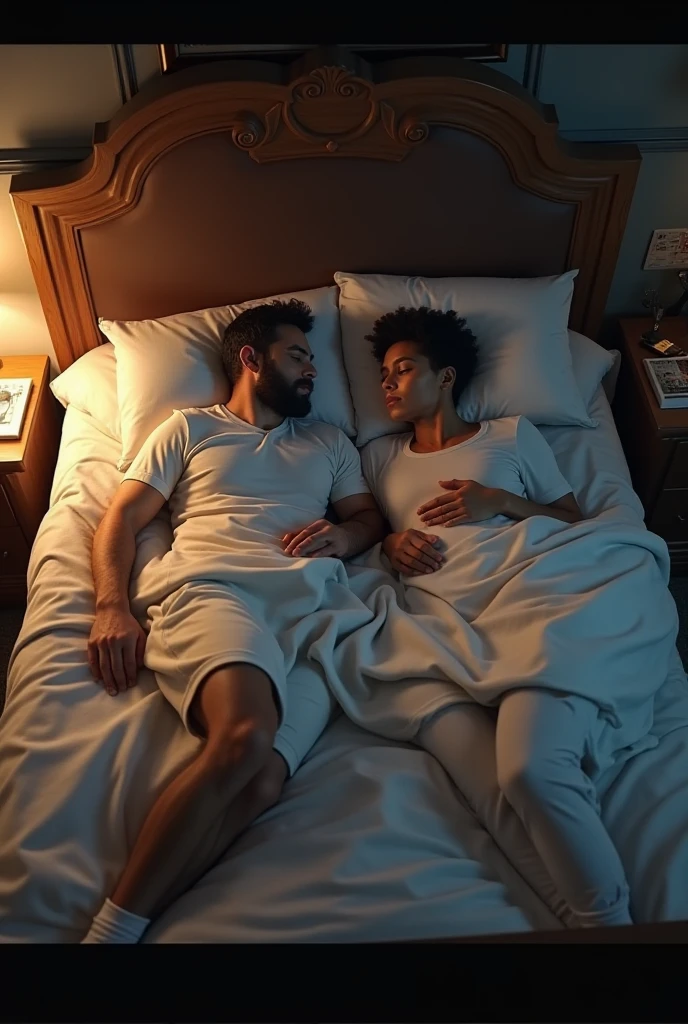 Latina woman 25 years old ,sad , Lying awake in her bed with pants pajamas on her side, her sleeping husband 