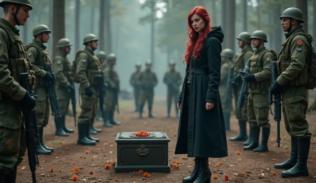 Seductive and Beautiful young woman with a soul of pure evil and hatred. Alluring long red haired serial killer wearing a “Trump 2024” long sleeve red shirt, a black pleated microskirt and black ankle high boots. Surrounded by blood and bodies. She attacks a man viciously, A bloody knife in her right hand. A sinister smile crosses her glossy red lips.
