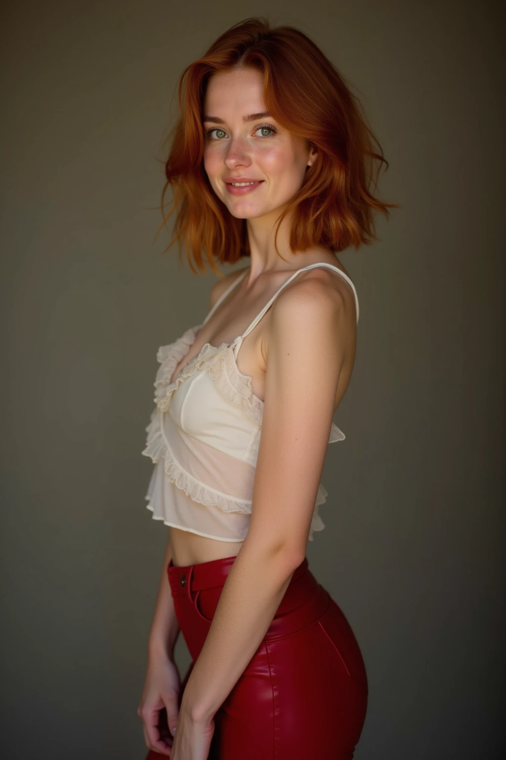 hyperrealistic beautiful busty 19-year-old woman with long legs wearing spandex tanktop and shiny neon spandex leggins, model shooting full body photography, natural redhead classic bob, freckles, soaky wet skin, dark eye makeup with eyeliner, seductive smile, red lips, 8K, Best quality, Meisterwerk, ultra high resolution, (Realismus: 1.4), Originalfoto, (realistische Hautstruktur: 1.3), (Filmkorn: 1.3), (Selfie-Winkel), 1 girl, Beautiful round hazel eyes and facial details, Meisterwerk, Best quality, indoor photography in front of a shiny leather wall, nsfw