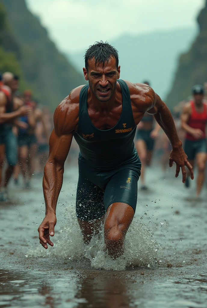 a lean skinny 20-year old shirtless male wearing sagging white running shorts, black and white running shoes, brown hair, blue eyes, drenched in sweat, face drenched in sweat, wet hair, jogging in the park, smiling