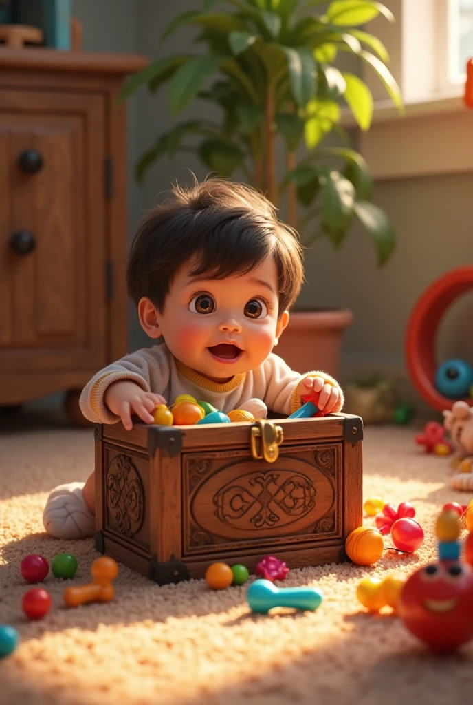  Latino boy looking for old toys and stuffed animals from a cardboard box, Pixar style drawing 