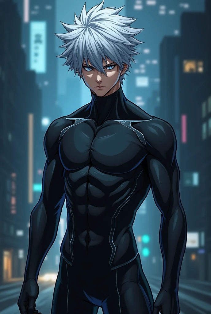 male character, white hair spiking up, greeneyes, small pointy ears. muscular character, black futuristic outfit with green details like a hero uniform, Mask covering the mouth and nose, black mask. anime dash