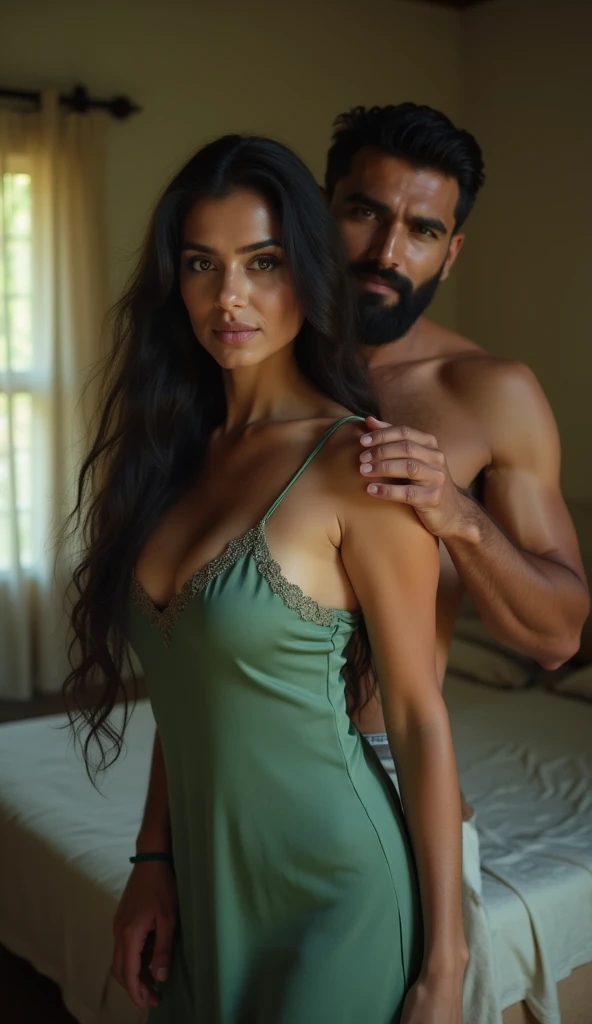 an indian house wife, wearing simple plain green sari, revealing cleavage, having sex with brother in law. man is squeezing her breast from behind, in her home, kitchen, discreet sex