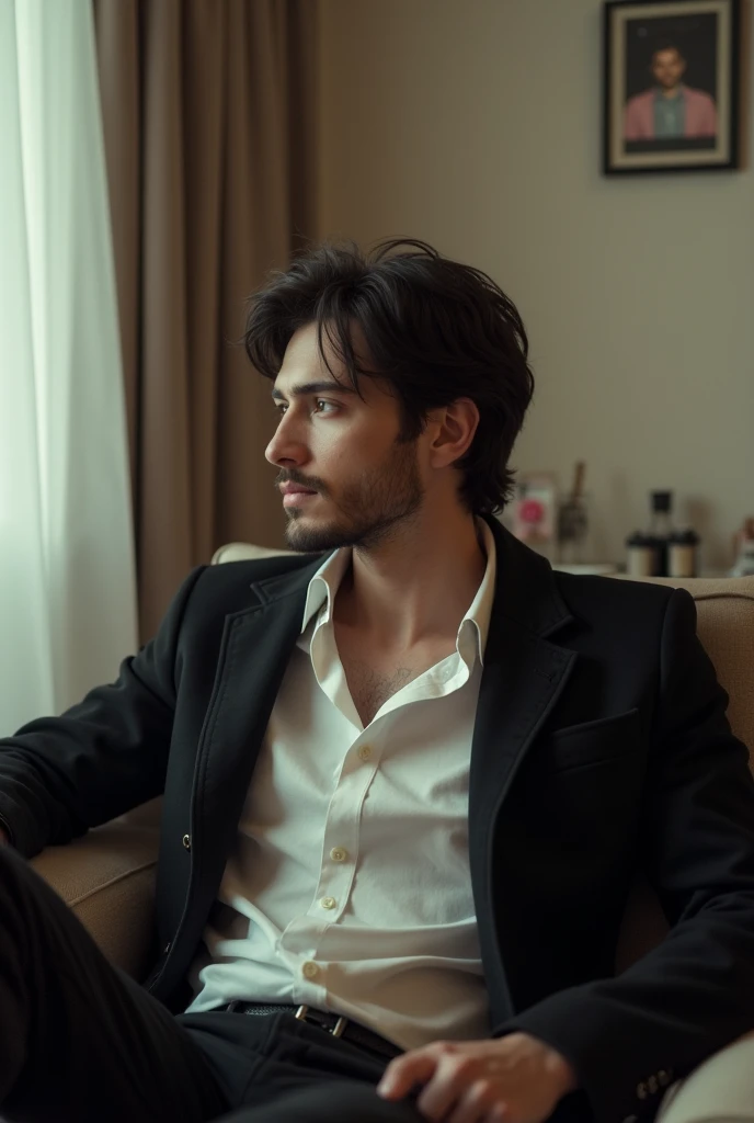 A dark-haired 25-year-old boy of medium length in the style of the 90s is dressed in a white shirt and a black jacket... He has a light beard , Only visible . sitting . apartments