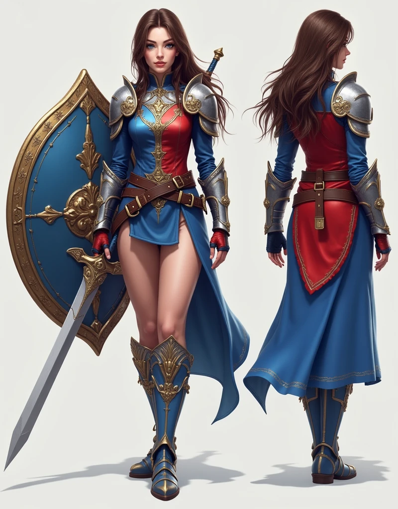 The Lord of the Rings、The Hobbit、Pre-adult female、Brown curly hair、Sensual look、Blue Eyes、Little partner sensual lips、Large Breasts(K-Cup)、Curved waist、Big Ass、Wears red hard leather armor、Her chest is visible through the armor.、Holding a sword in both hands、No background、NSFW