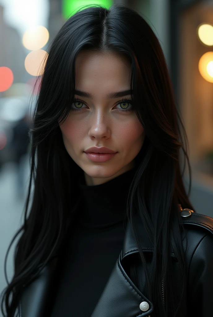 Woman with very long, straight black hair, with dark green eyes, skin tanned, look like Angelina Jolie, with bangs and wearing a beige overcoat, Youngh, with a brick wall in the background, thin eyebrows and swollen lips
