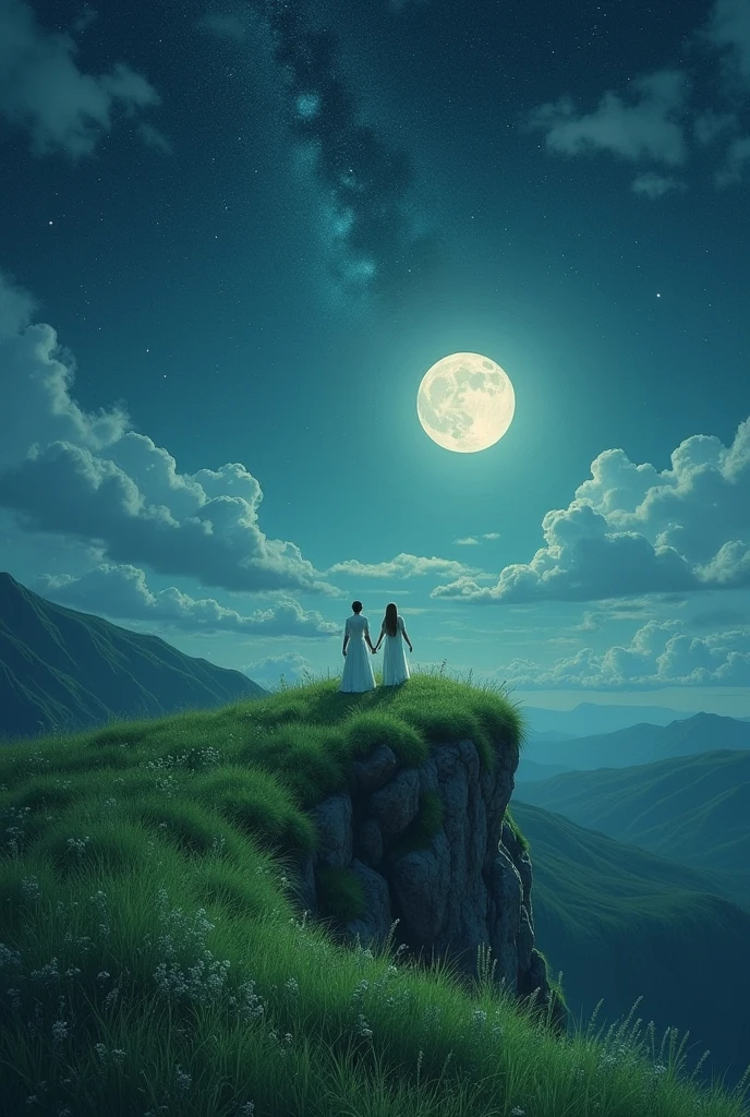 Beautiful 2 Indian girl who is in mountain in night and night is also beautiful with beautiful big moon