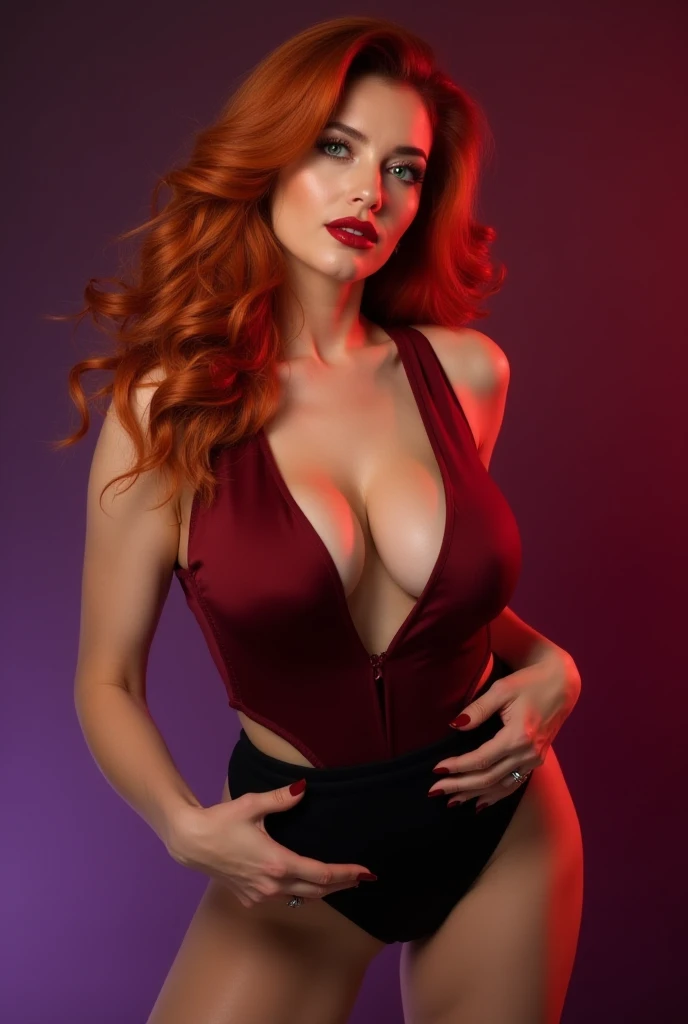 CARTOON_jessica_rabbit_aiwaifu,aiwaifu,
hair over one eye,red hair,narrow waist,very long hair, big hair, tall female, toned,makeup,lipstick,large breasts,eyeshadow,green eyes,thighs,huge breasts,red lips,lips,curvy,thick thighs,wide hips,collarbone,long legs, one eye covered,
elbow gloves,purple gloves,dress,bare shoulders,cleavage,red dress,strapless,strapless dress,side slit,jewelry,earrings,long dress,cocktail dress, tan pantyhose tan,thighhighs,
official art,extremely detailed CG unity 8k wallpaper, perfect lighting,Colorful, Bright_Front_face_Lighting,shiny skin, (masterpiece:1.0),(best_quality:1.0), ultra high res,4K,ultra-detailed, photography, 8K, HDR, highres, (absurdres:1.2), Kodak portra 400, film grain, blurry background, (bokeh:1.2), lens flare, (vibrant_color:1.2),professional photograph, (beautiful_face:1.5),