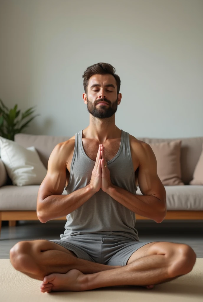A blonde man with short hair and a trimmed beard, in a meditation position with his eyes closed and his hands in a prayer position. He is wearing light blue pants and no shirt, with a defined abdomen. The image should be a full-body shot in a meditation position, very realistic, in an all-white temple with a white floor, white stone walls, white ceiling, and white columns.