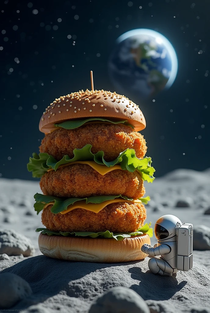 | A captivating digital art by Wojtek Fus; showing a towering double chicken burger with crispy layers, melted cheese, and fresh lettuce, placed on a lunar surface, with an astronaut seated beside it, gazing at Earth in the star-filled sky, featuring realistic textures and atmospheric lighting.