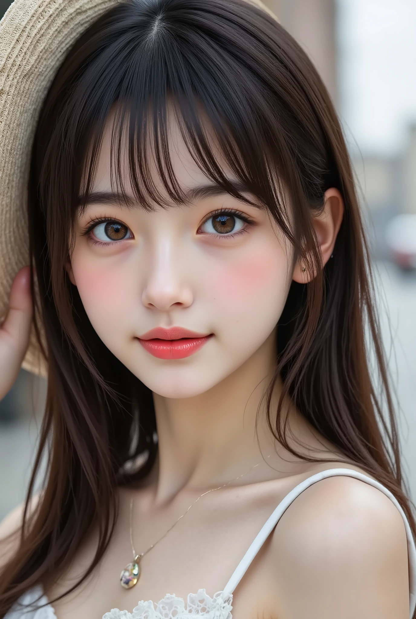 1girl,earrings, necklace, hair clip, holding hat, gentle smile, modern fashion, urban background,masterpiece, best quality, 8k, highres, ultra-detailed,HDR, UHD, professional,photorealistic,