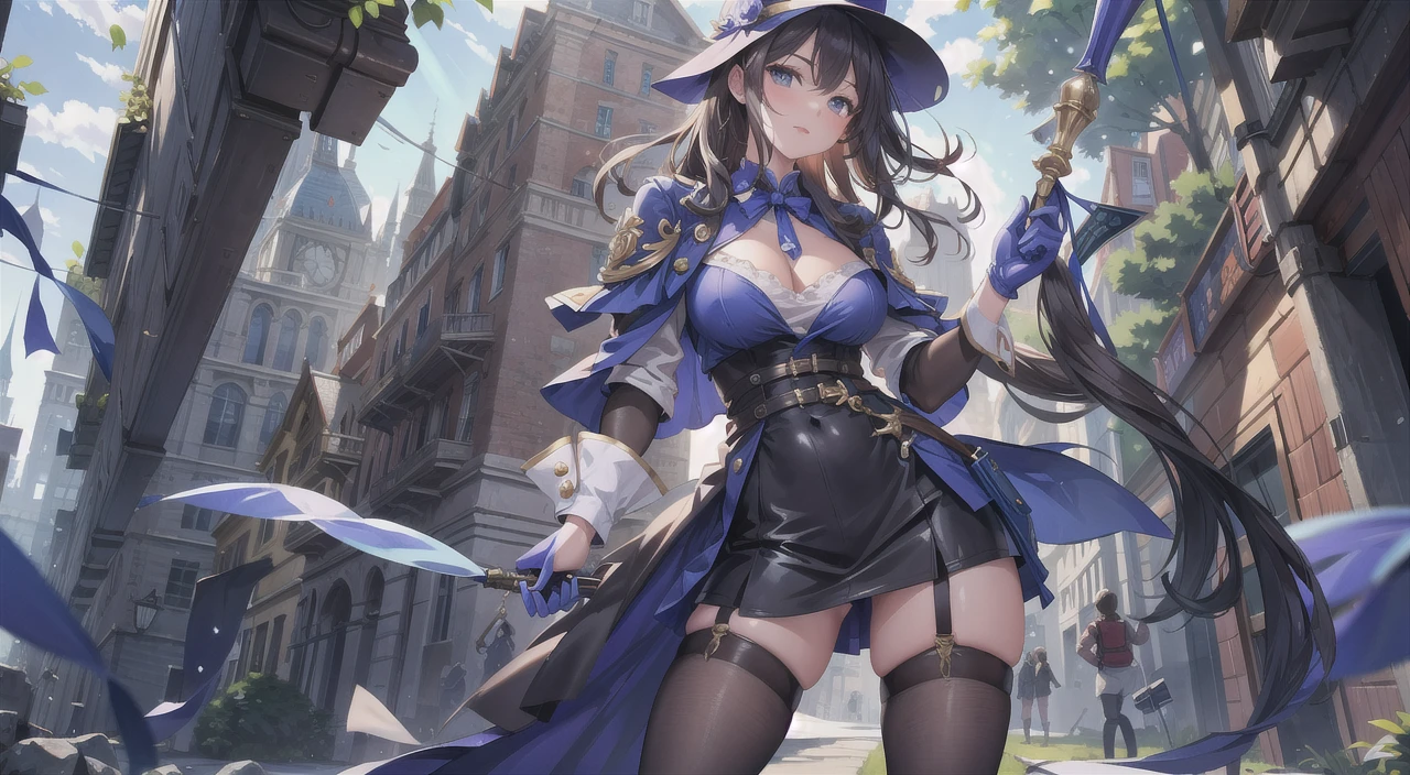 masterpiece, best quality, 1girl, skinny, breasts, cleavage, narrow waist, (musketeer), hat, hat feather, jacket, short skirt, thighs, hand on hip, cape, fantasy, medieval, night, city street, sunlight, <lora:add_detail:0.5> <lora:adventurer2.0-6:0.9>