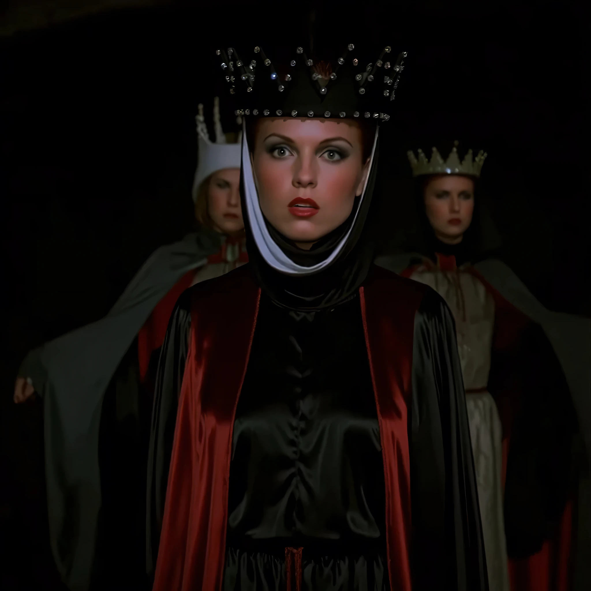 cinematic closeup film still of Evil Queen a Long shot of a surprised woman with Huge Wide Bulging Eyes , Very busty in a black costume, Long Black Satin Cape with red satin Lining and a black crown with wide staring eyes and a shock expression on her face in 1500s 15th century, 1girl, solo, hat, upper body, lips, makeup, black background, crown, lipstick, realistic, red lips, shallow depth of field, vignette, highly detailed, high budget, bokeh, cinemascope, moody, epic, gorgeous, film grain, grainy