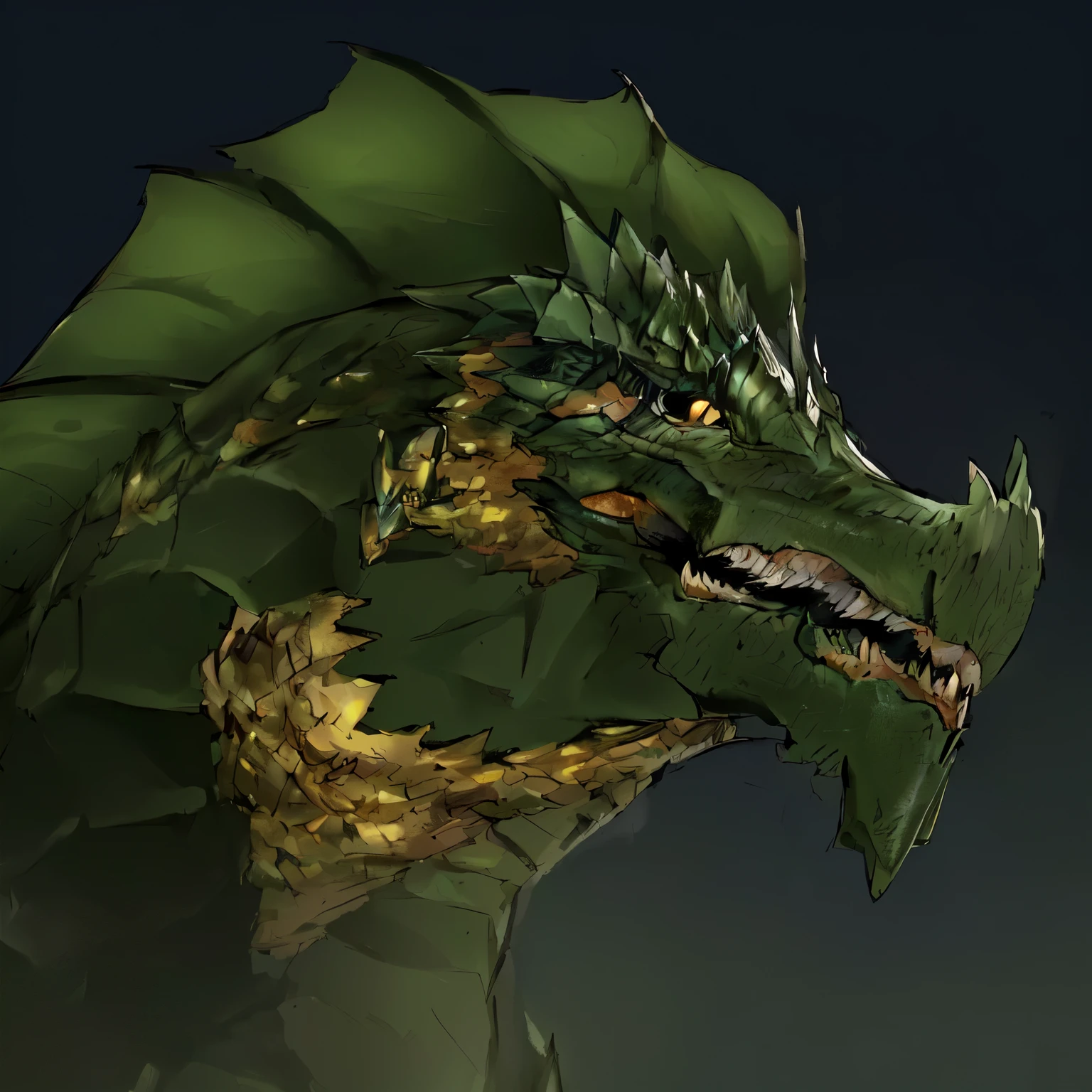 a close up of a dragón verde with yellow eyes and a black background, Retrato de dragón, cyborg Retrato de dragón, Retrato de un dragón, dragón nuestra especie, dragón verde, arte de fauces de dragón, jormungandr, dragón vegetal ciborg, as an dragón antropomórfico, dragón felino body pose, eyepach 1 eye, wound verticality in the neck