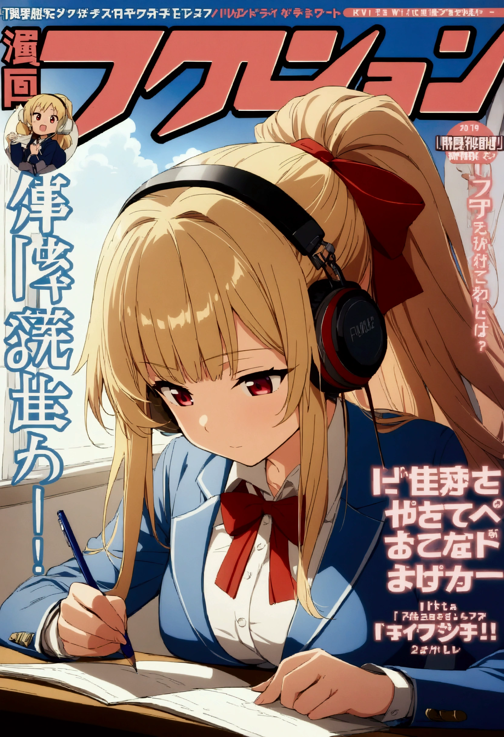 (masterpiece),(absurdres),(ultra detailed),(anime:1.4),(Magazine cover,cover,),(Headphones),( solo girl ),(20-year-old),(blonde hair:1.0),(shiny red eyes:1.1),(highponytail:0.9),(a little red ribbon;1.0),(long hair:0.8),(big breast:0.8),(()),(fantasy blue blazer), Force,I'm writing a letter with a pencil,looking down:1.2,day light room,(()),Fran