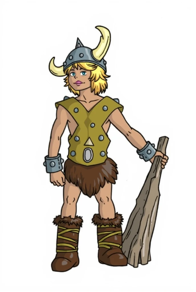 bobby <lora:bobby_dnd_V1:1>, blue eyes, horned helmet, viking costume, silver bracelet, spiked bracelet, pelt, fur shorts, brown boots, fur boots