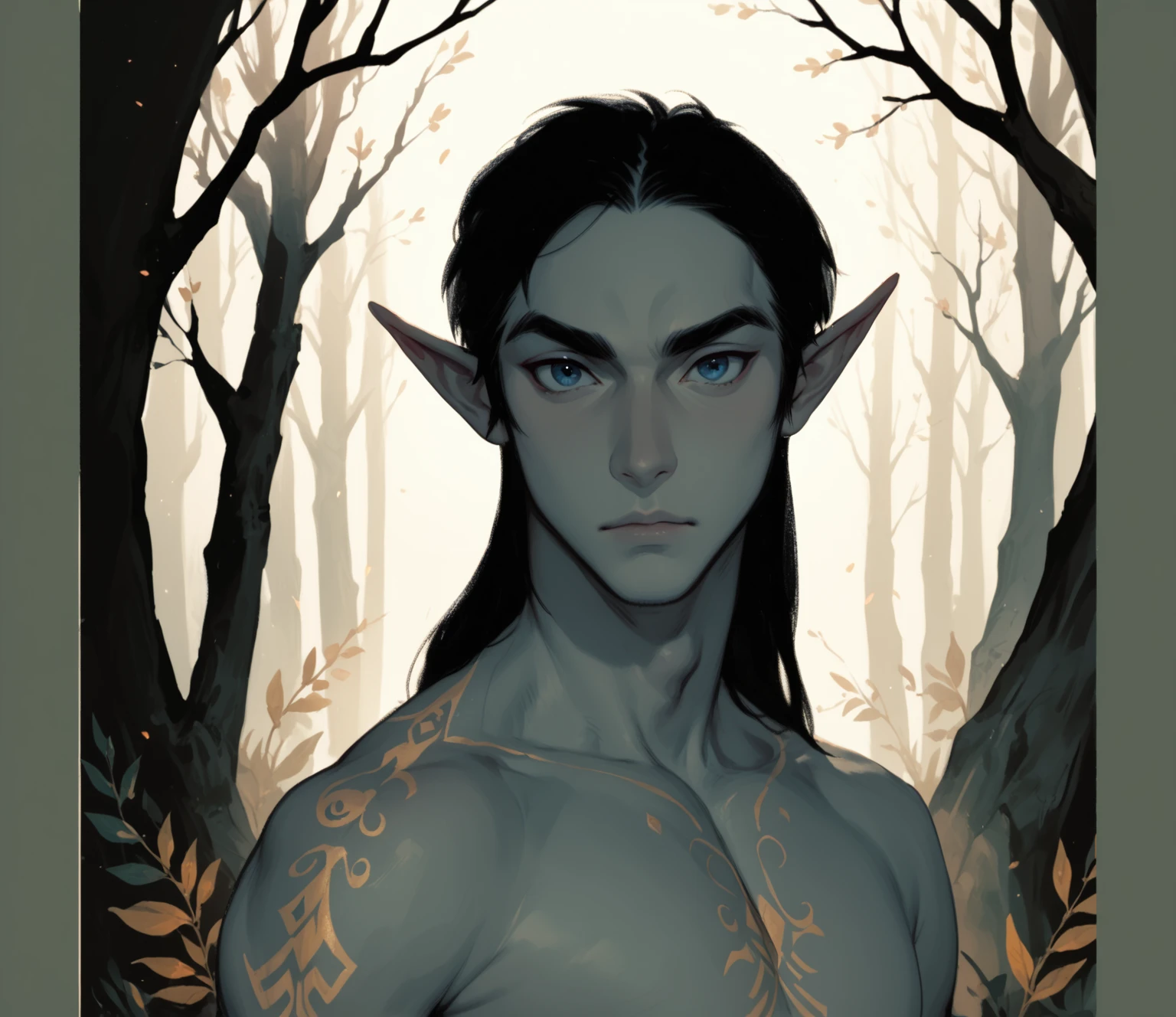 Humanoid creature, closed eyes, elf ears, green skin, long black hair, circle of fire aroun the neck