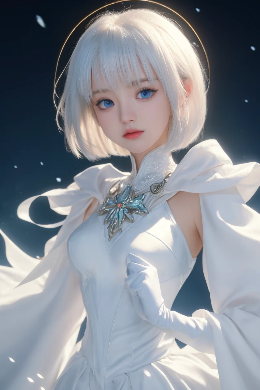 (((ultra high definition))), (((2b))), (Neil), masterpiece, best quality, detailed, (1 girl), alone,  (超detailed藍眼睛, silvery white short hair, eternal: 1.5), perfect eyes, perfect face, Super detailed facial details, random expression, (Black skirt with small lace trim), (big breasts, healthy body :1.2), (Place your arms on your chest), A small flower, grassland, sandy land, river, starry sky, (aurora), Night outdoor background, There are green woods on both sides, Mountains rise in the distance