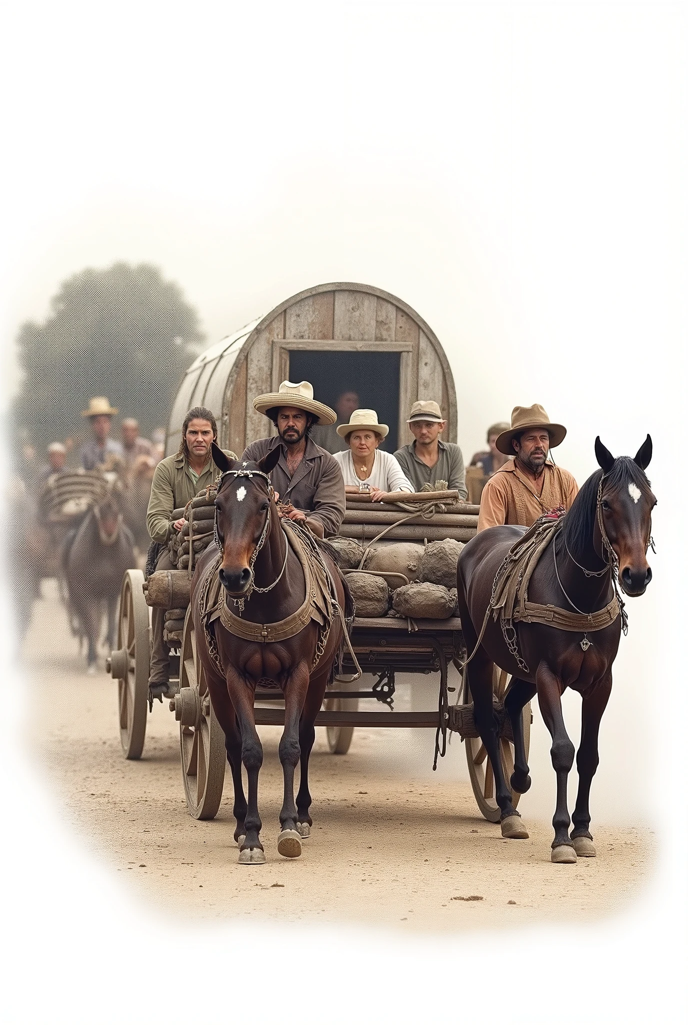 High-quality photograph of several settler caravans to the western United States in the 18th century. White background.
