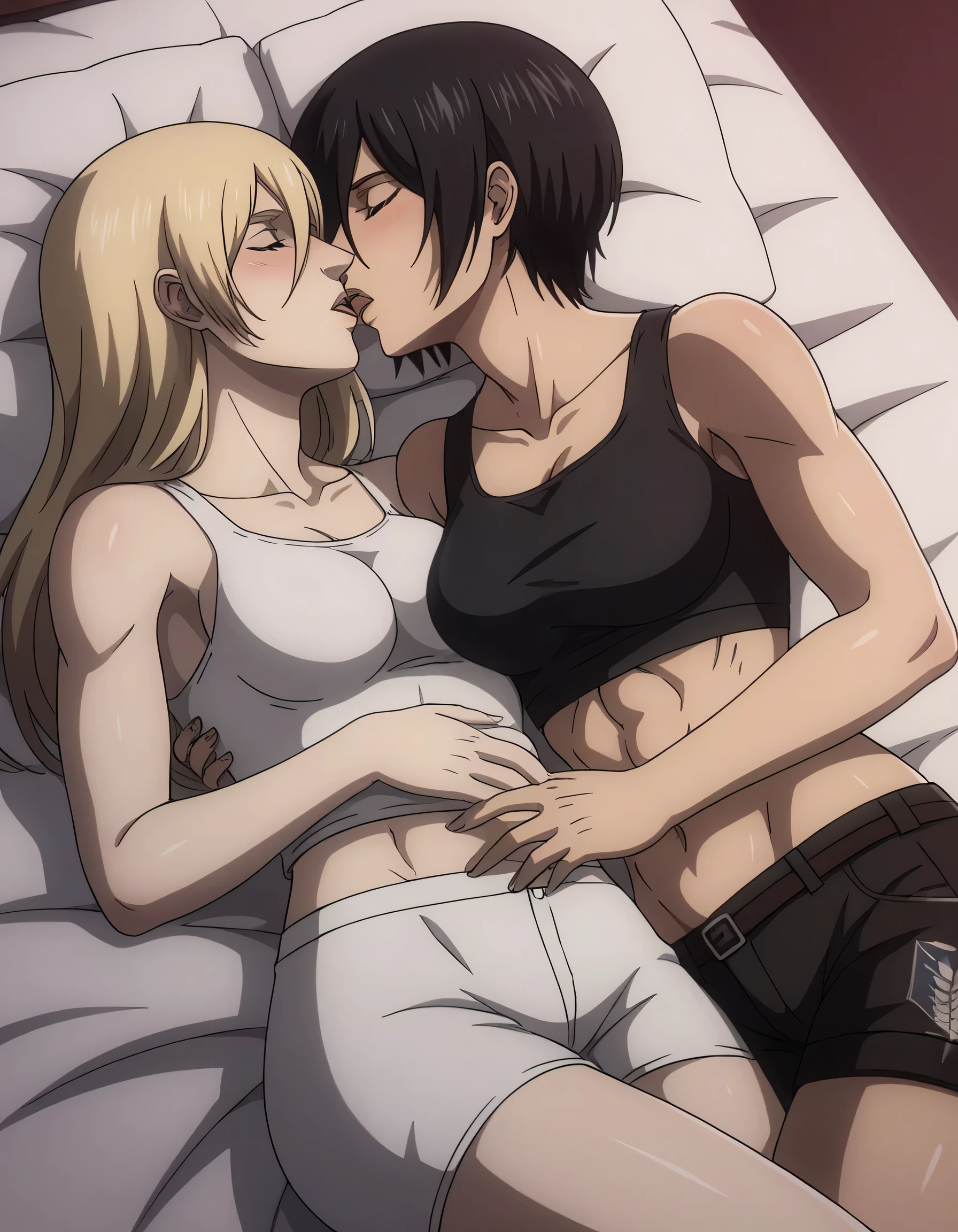 score_9, score_8_up, score_7_up, BREAK source_anime, historia reiss, blue eyes, blonde hair, long hair, medium breasts, long white dress sleeveless,female black hair soldier kissing ing historia,Mikasa with historia kissing historia neck,mikasa wreanig black midriff tank top and black combat shorts,Mikasa female with short hair,mikasa female medium breasts,eyes closed,in night,moon in sky,mikasa final season,mikasa taller than historia,Mikasa kissing historia neack,lust theme, mikasa hold up historia,historia blonde hair,in bed lying,angle from above mikasa back,kissing historia neck,yuri,lesbians,girl×girl,mikasa hairstyle from final season