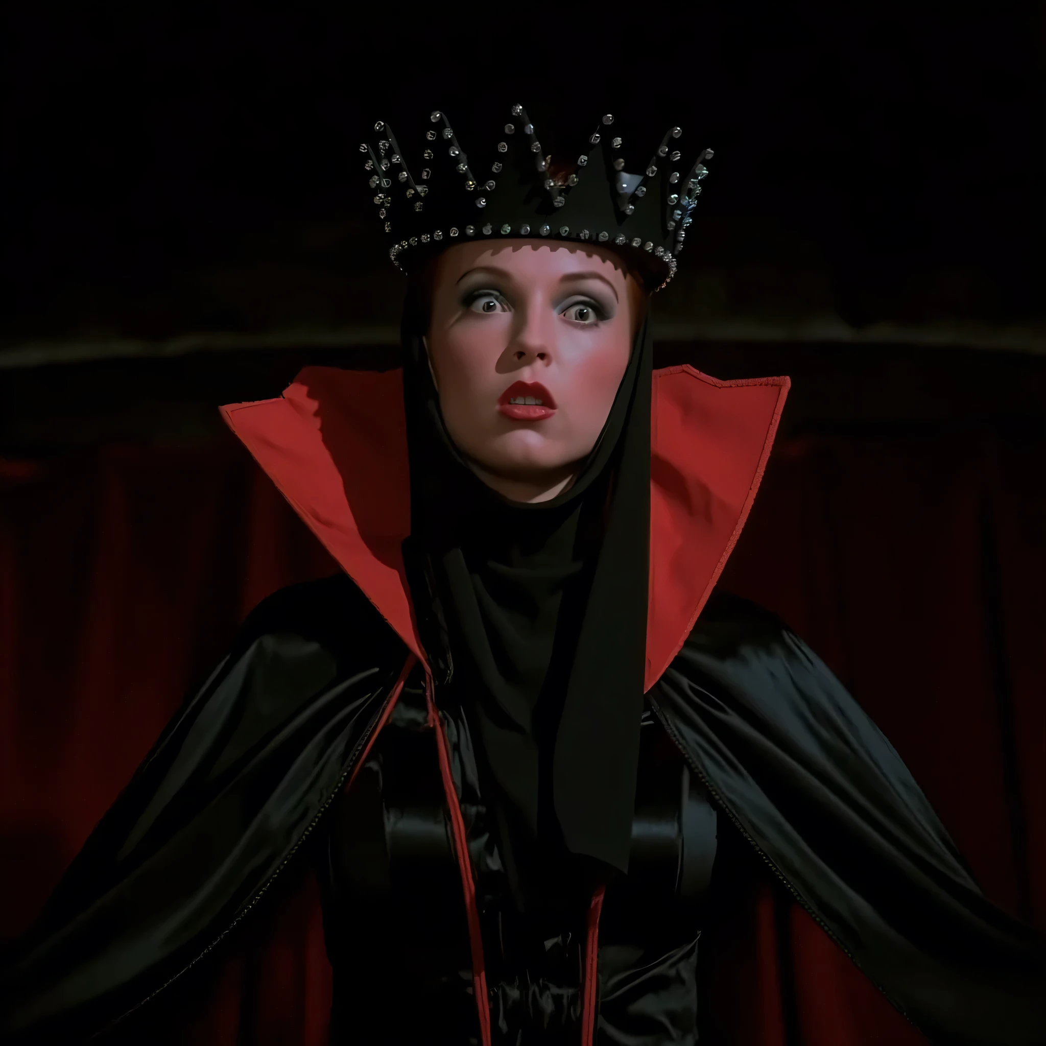 cinematic closeup film still of  Evil Queen a Long shot of a surprised woman with Huge Wide Bulging Eyes , Very busty in a black costume, Long Black Satin Cape with red satin Lining and a black crown with wide staring eyes and a shock expression on her face in 1500s 15th century, 1girl, solo, hat, upper body, lips, makeup, black background, crown, lipstick, realistic, red lips, shallow depth of field, vignette, highly detailed, high budget, bokeh, cinemascope, moody, epic, gorgeous, film grain, grainy