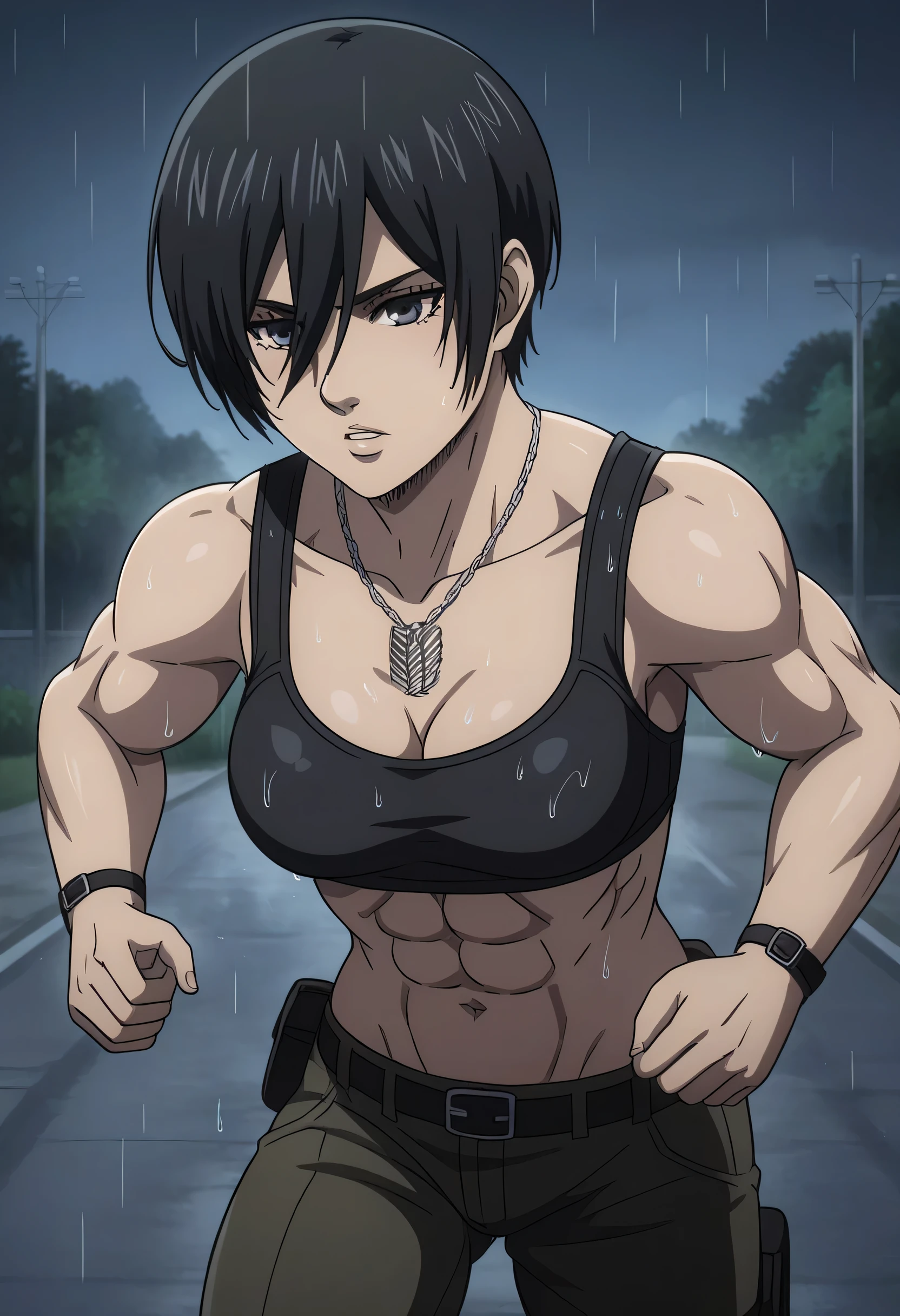 score_9, score_8_up, score_7_up, BREAK source_anime, mikasa ackrman, grey eyes, black hair, short hair, medium breasts,Mikasa wreanig sport black bra and black loose military trousers,mikasa with good looking body,perfect lighting,mikasa final season design,mikasa mappa version,walking on street,Perfect generation,mikasa boy hairstyle,mikasa season 4 version,attack on titan graphics,in night,HD wallpaper,perfect colors,pixie cut hairstyle,fighting face,raining,wet body,mikasa wreanig chains necklace,mikasa flat stomach,mikasa only six-pack,normal body size,anime style tone six-pack,1 girl,solo,pelvis muscles,female navel